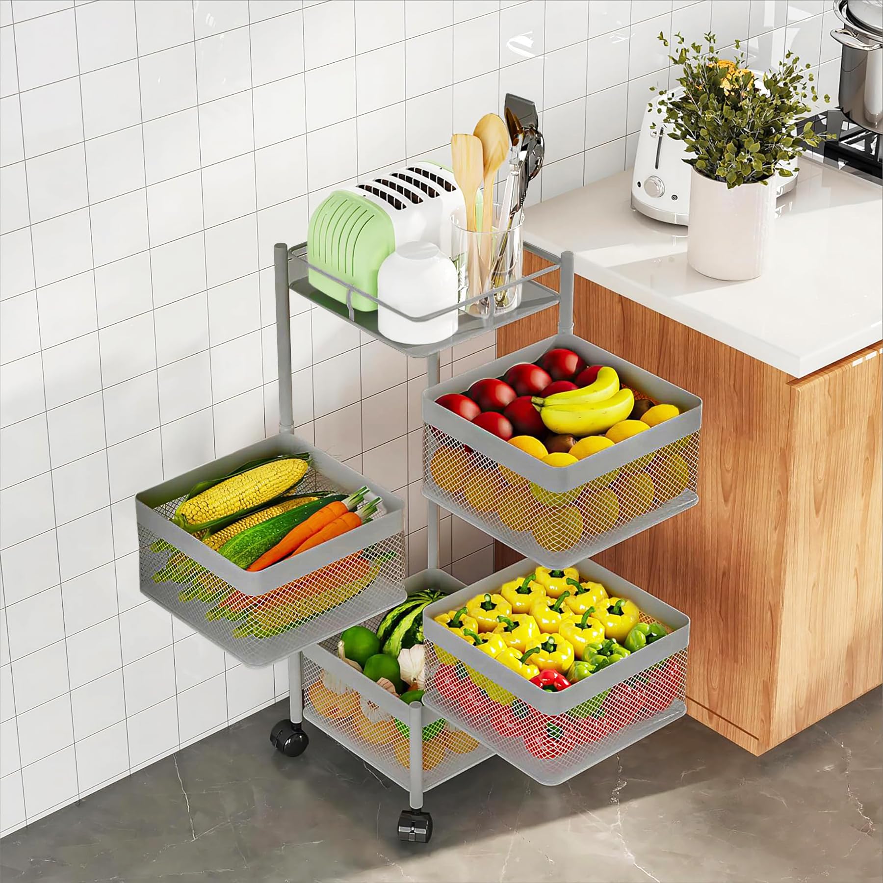 Kuber Industries Kitchen Storage Rack | 4-Tier Square Multipurpose Storage Trolley with Wheels | Revolving Vegetable Rack | Metal Fruit Rack | Silver-image-26