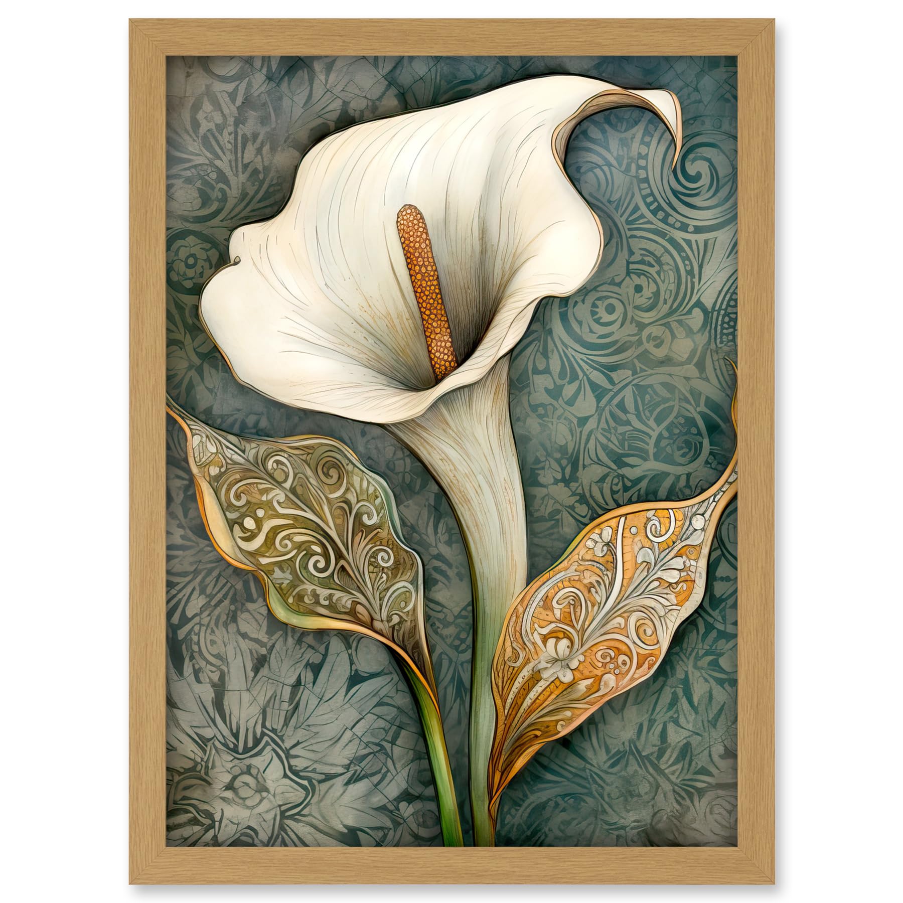 Artery8 William Morris Style Art Nouveau Calla Lily Flower Artwork Framed A3 Wall Art Print, Framed Light Oak A3, 45.5L x 33W cm