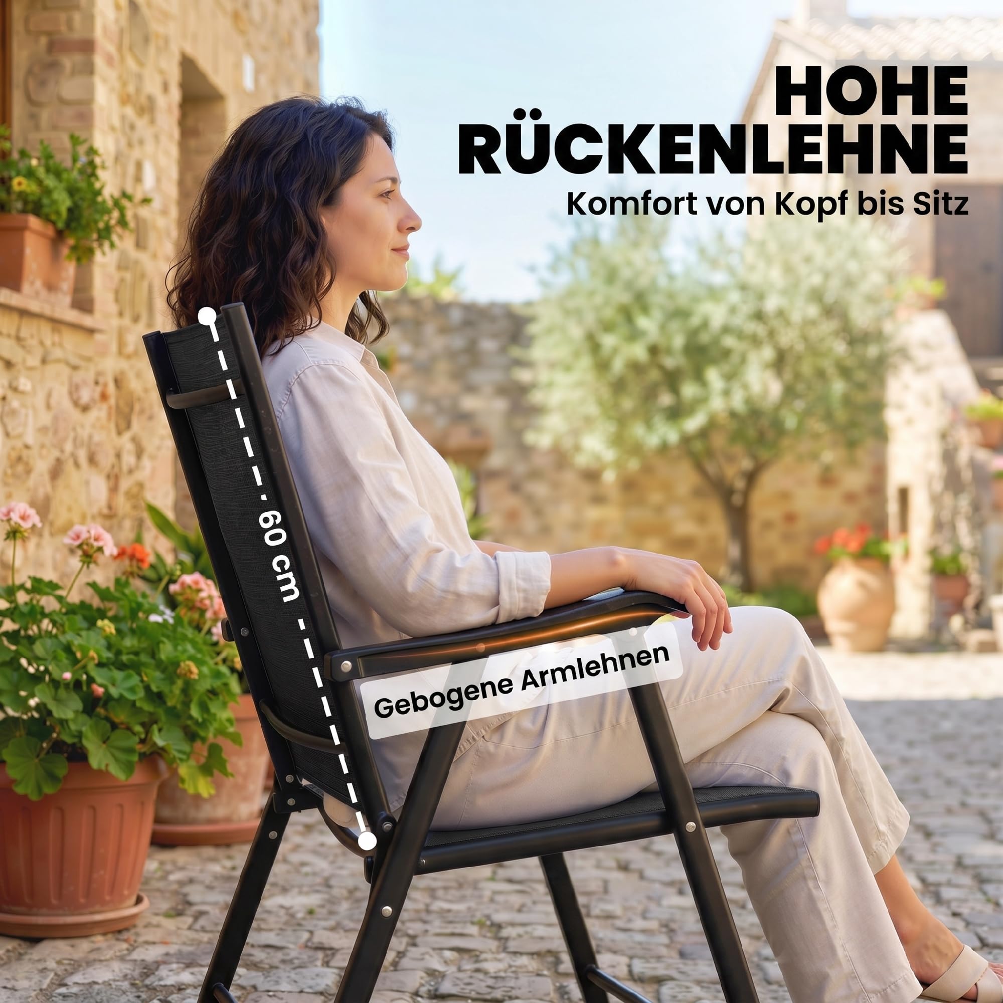 Outsunny 2er-Set Klappstuhl Klappbar Armlehne 58 x 62 x 97 cm Schwarz | Gartenstuhl, Hohe Rückenlehne, für Garten Balkon Terrasse, Stahl, Texteline