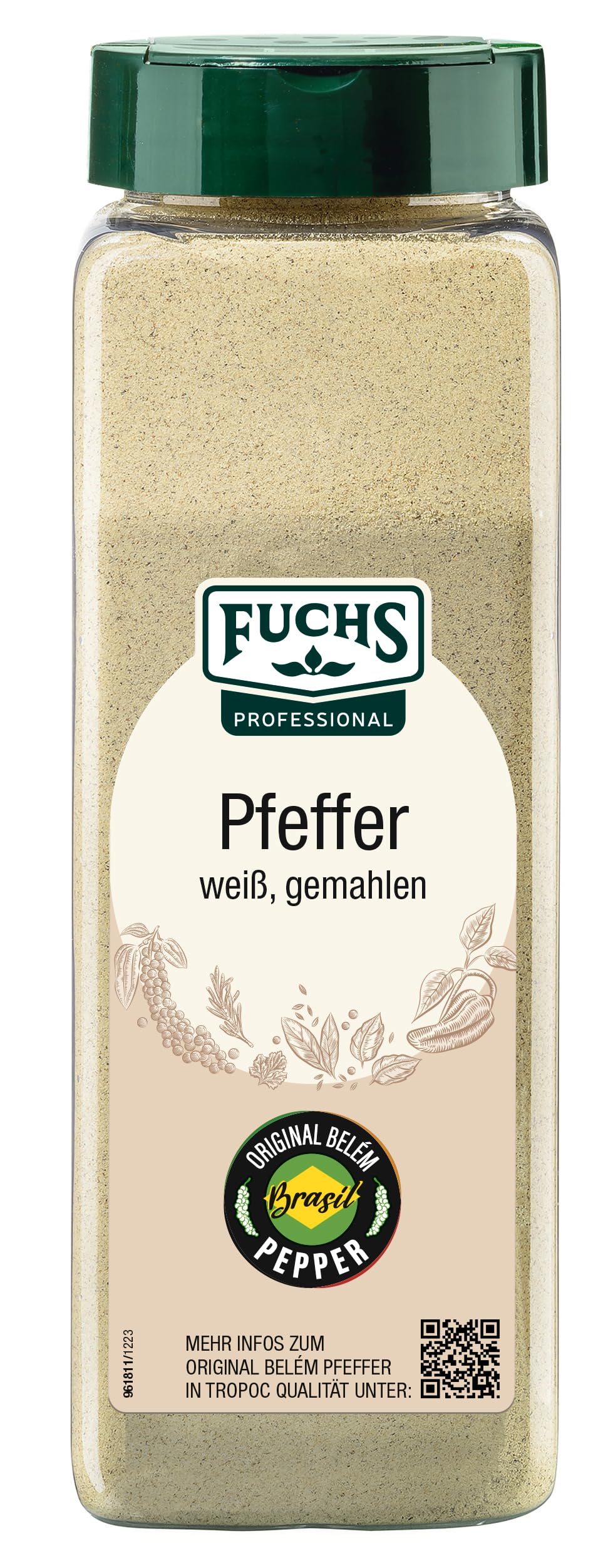 Fuchs Professional - Pfeffer weiß gemahlen | 600 g in der Streudose | Für Großverbraucher, Restaurants, Gastronomie | Mit praktischem Streuaufsatz