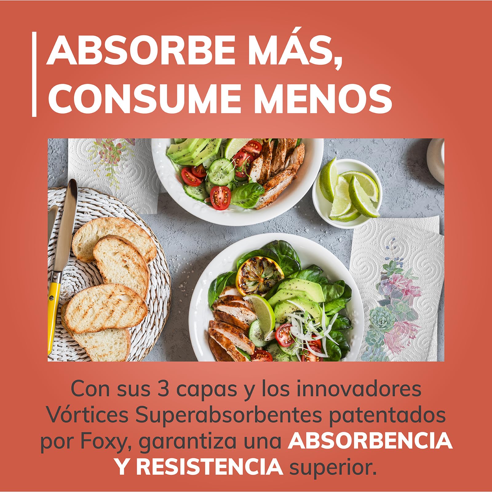 Foxy Asso Ultra Papel Cocina, 18 rollos, 3 capas Absorbentes, con diseño, Certificación FSC, Energía eléctrica renovable, Paquete reciclable producido con plástico reciclado
