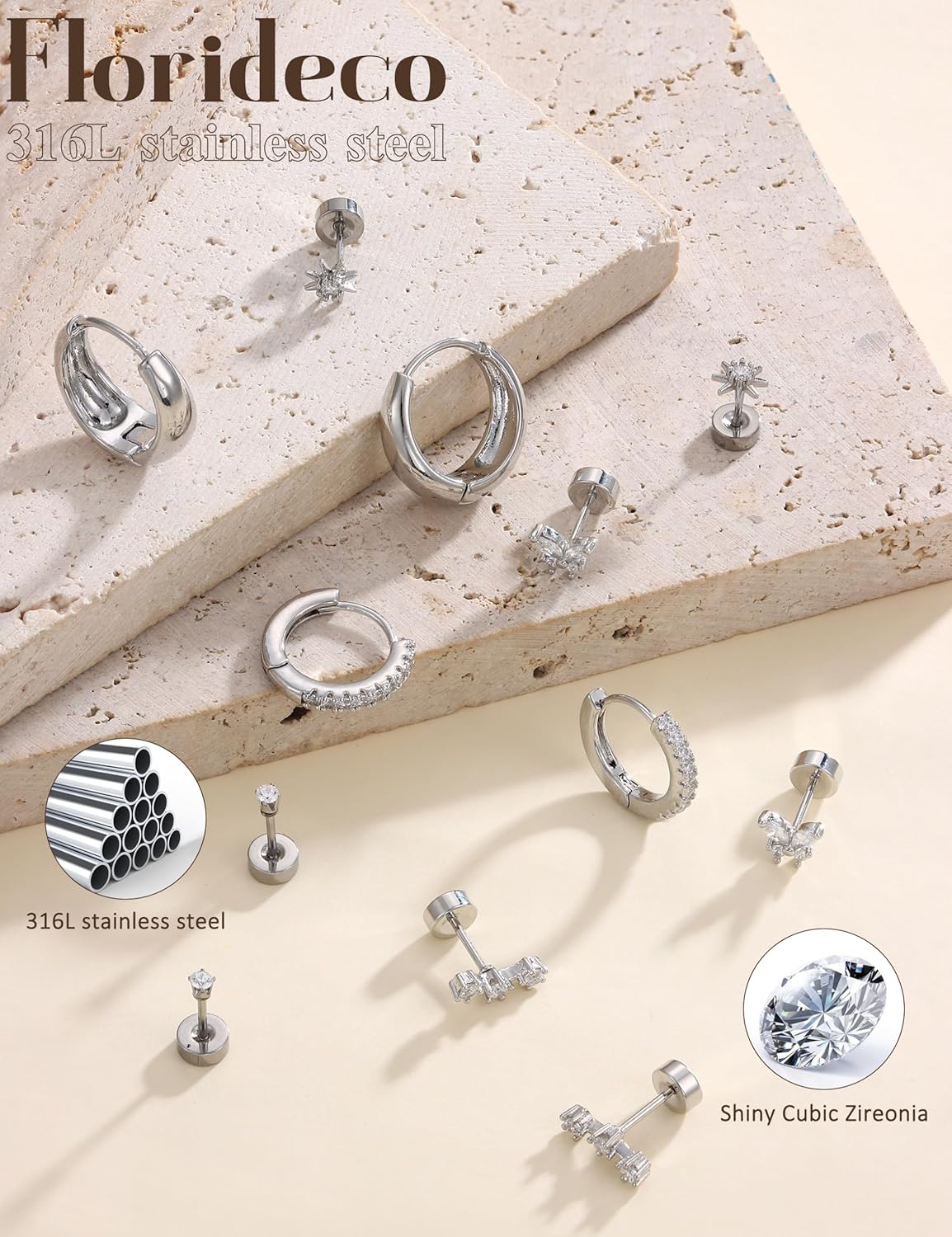 Florideco Hypoallergenic Flat Back Earrings for Women Trendy Surgical Steel Earrings for Sensitive Ears 14K Gold Plated Cartilage Earring Stacks FlatBack Stud Earring Set for Multiple Piercing - Image 6