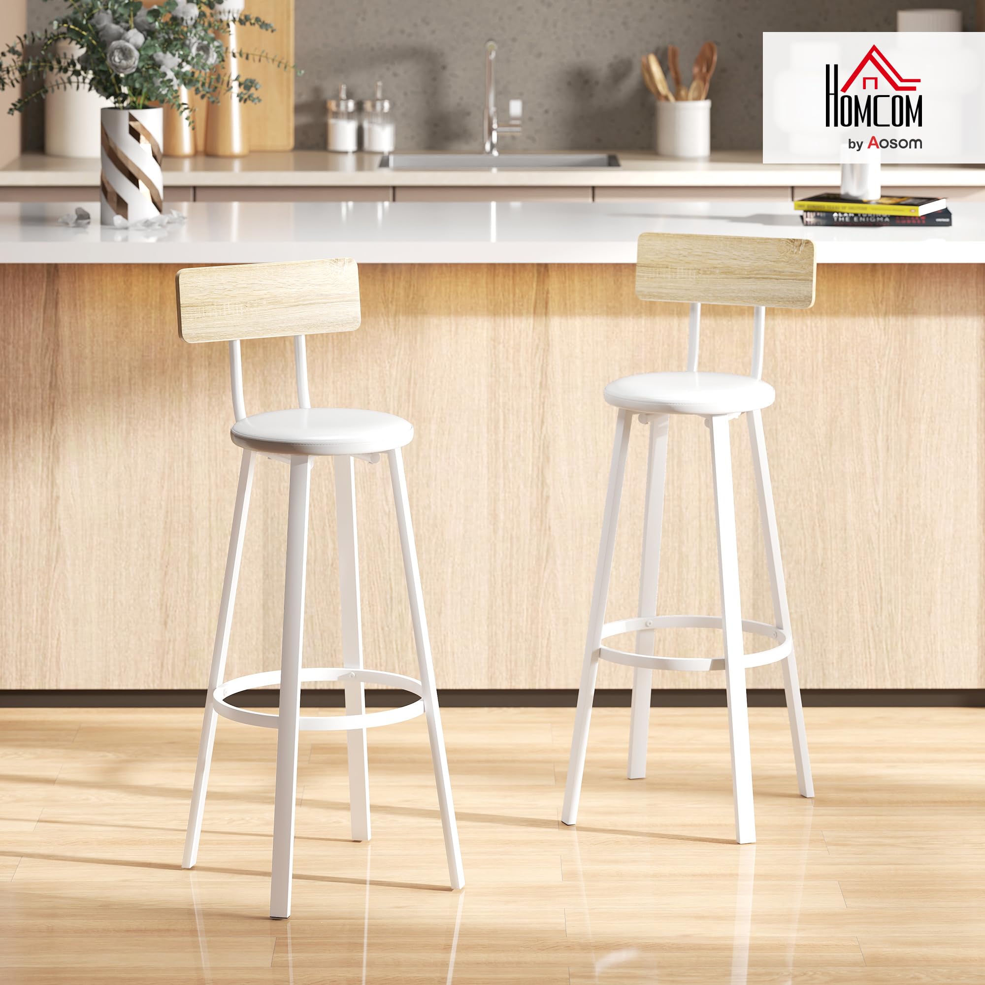 HOMCOM Juego de 2 Taburetes de Bar, Taburetes Altos de Cocina con Respaldo y Reposapiés, Tapizados de PU, Asiento de 75,5 cm de Altura, Fácil Montaje, Estilo Industrial, Natural y Blanco