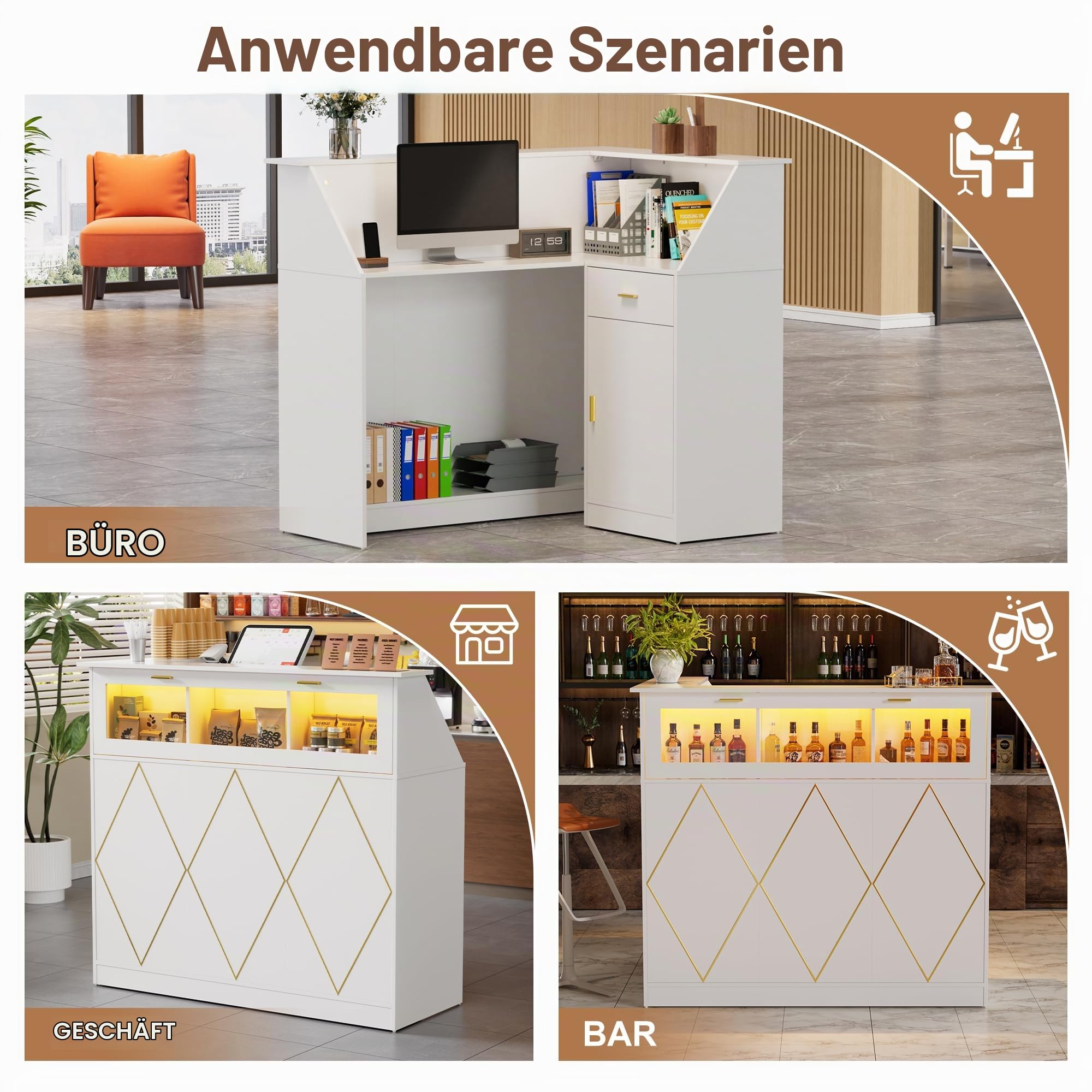 MSFE Empfangstheke mit LED, Empfangstresen Rezeptionstresen L Form mit Schubladen und Schränken, Moderner Rezeptionstheke Rezeption Tisch Verkaufstheke für Salon Geschäft Hotel,126x100x111cm (Weiß)