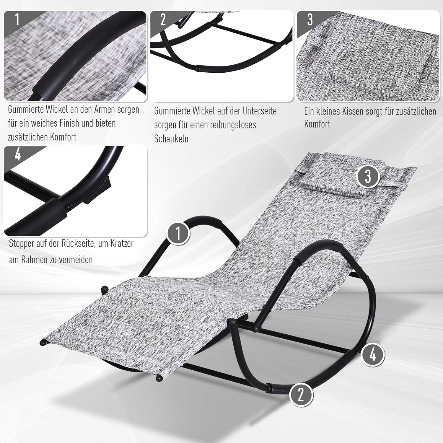 Manwl view of Outsunny Rocking Lounge Chair features: rubberized arm wraps, rubberized bottom wraps, removable pillow, and back stopper.