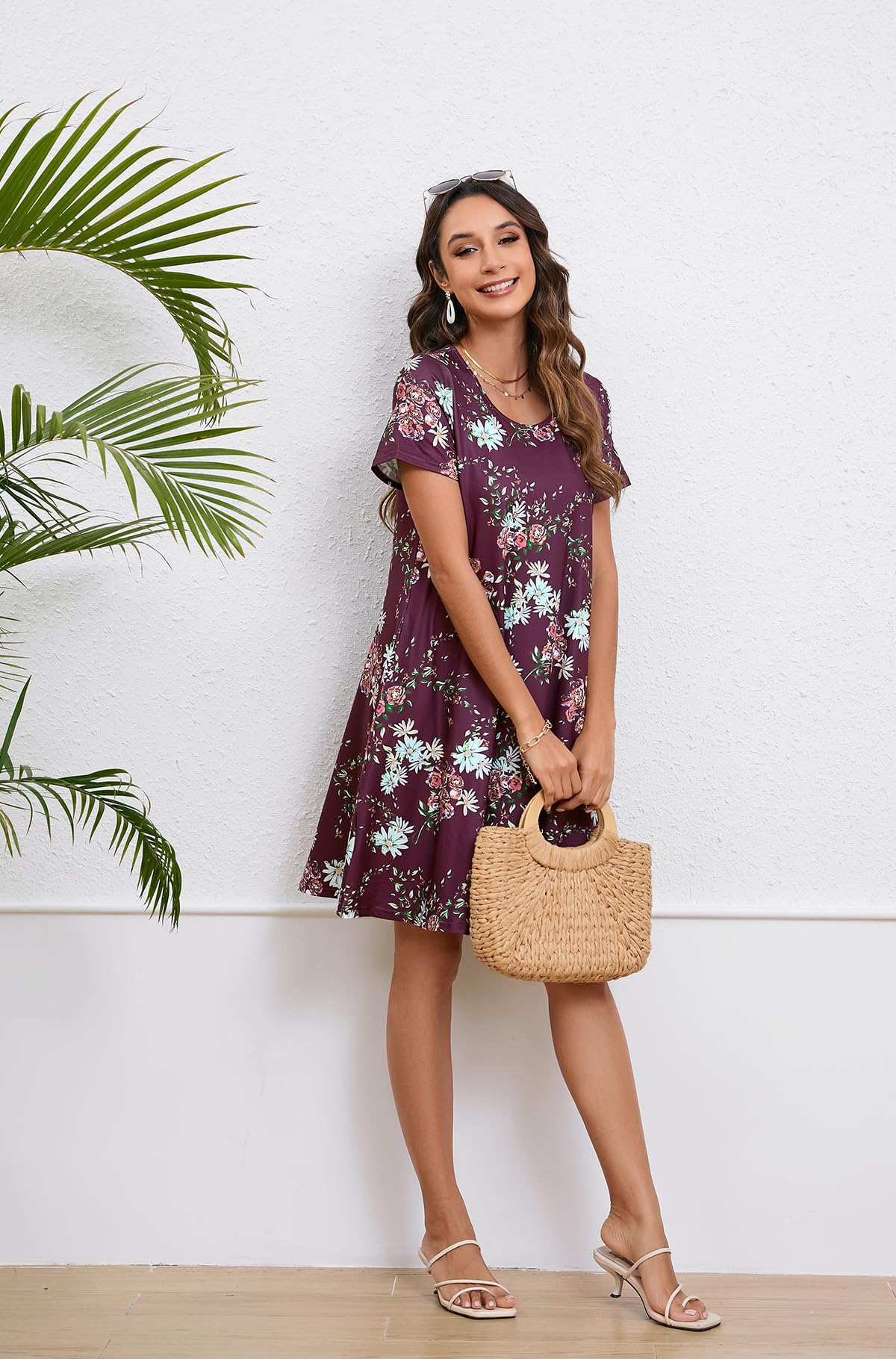 Enmain Vestido Camiseta Mujer Manga Corta Vestido Túnica Verano con Bolsillos Casual Boho Vestidos hasta la Rodilla para Mujer