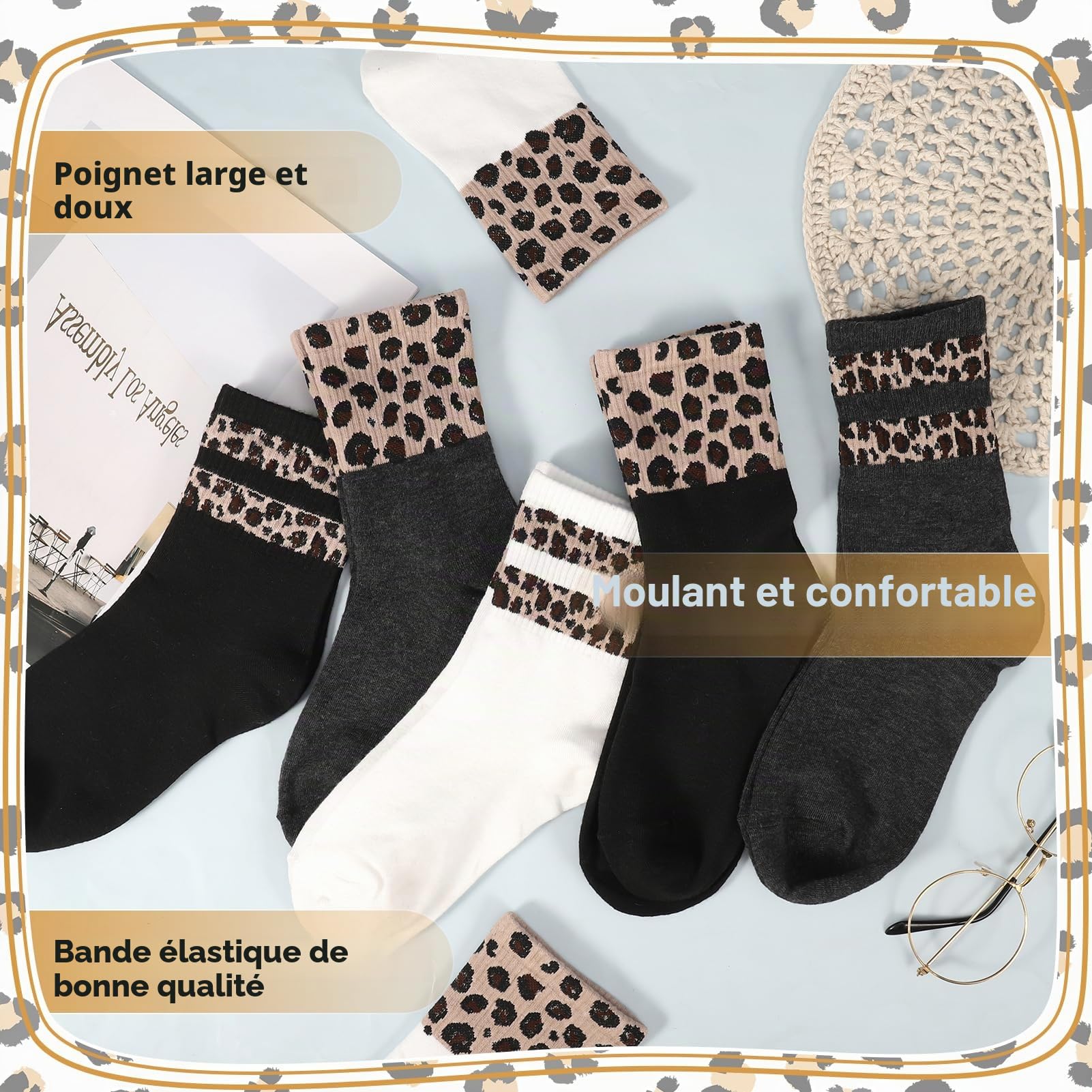 Lot de 6 paires de chaussettes de tennis pour femme - 35-38 - Motif léopard - Chaussettes de course - sport