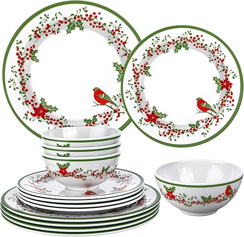 Suclain 12 platos de melamina de Navidad que incluyen 4 platos de Navidad de 11 pulgadas, 4 platos redondos de Navidad de 9 pulgadas, 4 platos de