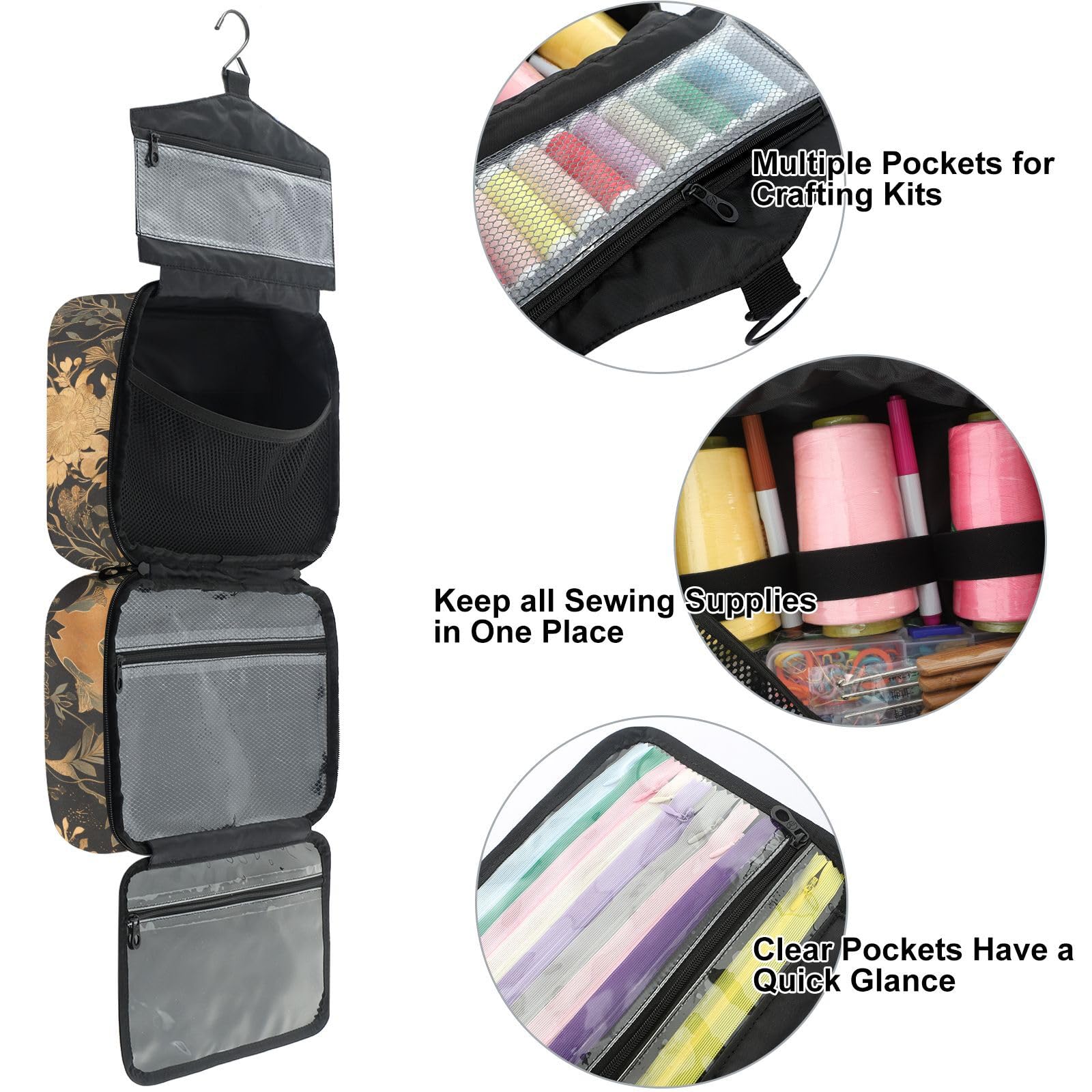 YNNALE Sewing Supply Organizer Bag, Gold and Green Forest Deer Portable Sewing Bags with Pockets&Hanger, Sewing Storage Box Case for Sew Supplies/Kit/Tools/Accessories (BAG ONLY)