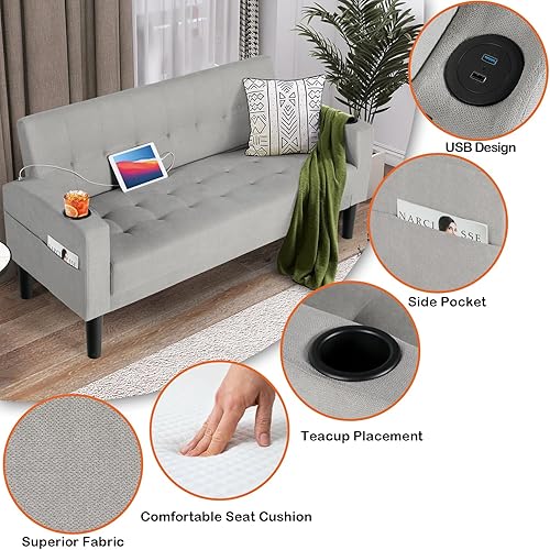 Miniatura 6 de AILEEKISS Juego de sofá de 2 piezas para sala de estar, sofá biplaza con 2 USB, portavasos, bolsillo lateral, tela moderna, juego de 2 sofás