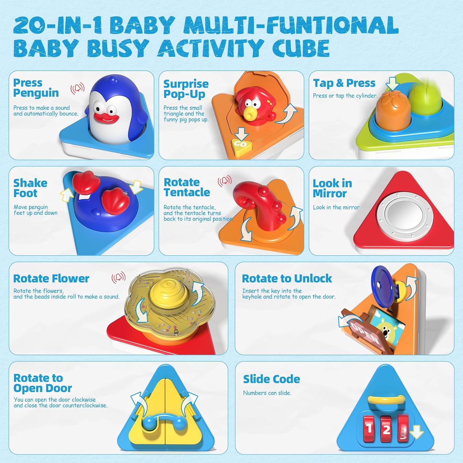 20-in-1 Toddler Busy Board Cube Toys, Early Educational Montessori Sensory Toy for Toddler 1-3, Montessori Toys for 1 2 Year Old Boys Girls Kids, Travel Toy Gifts for 1 2 Year Old Boy Girl