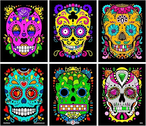Stuff2Color Sugar Skulls - Pósteres de terciopelo mullido para colorear de Halloween (Día de los Muertos y Día de Los Muertos)  Paquete de 6  Gran