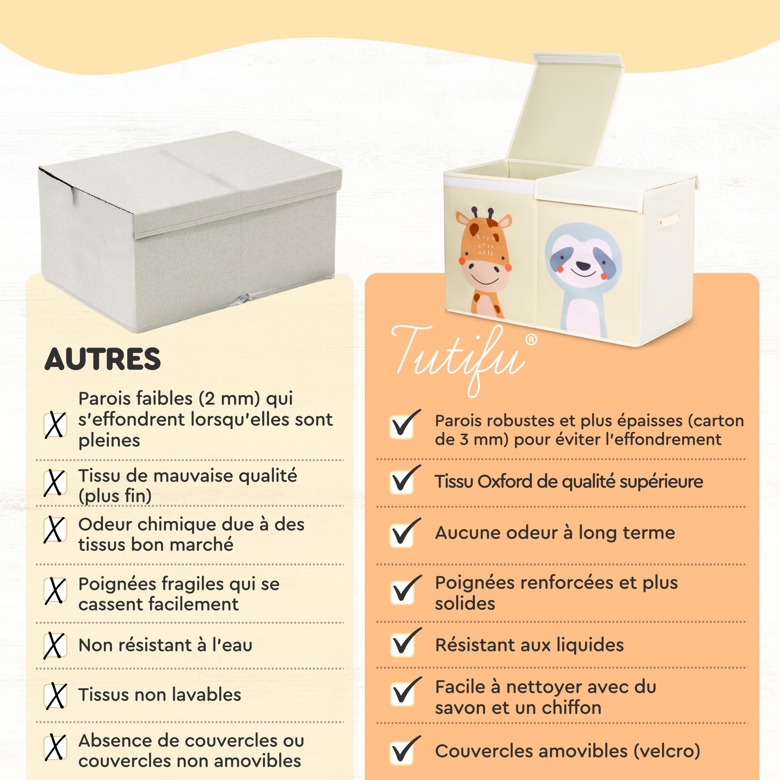 Boîte de Rangement pour Jouets pour Enfant Pliable Beige, 78 Litres et Double Couvercle. Coffre de Rangement Enfant en Tissu Oxford. Grand Coffre, Bac ou Caisse. Ne Convient pas pour S’asseoir