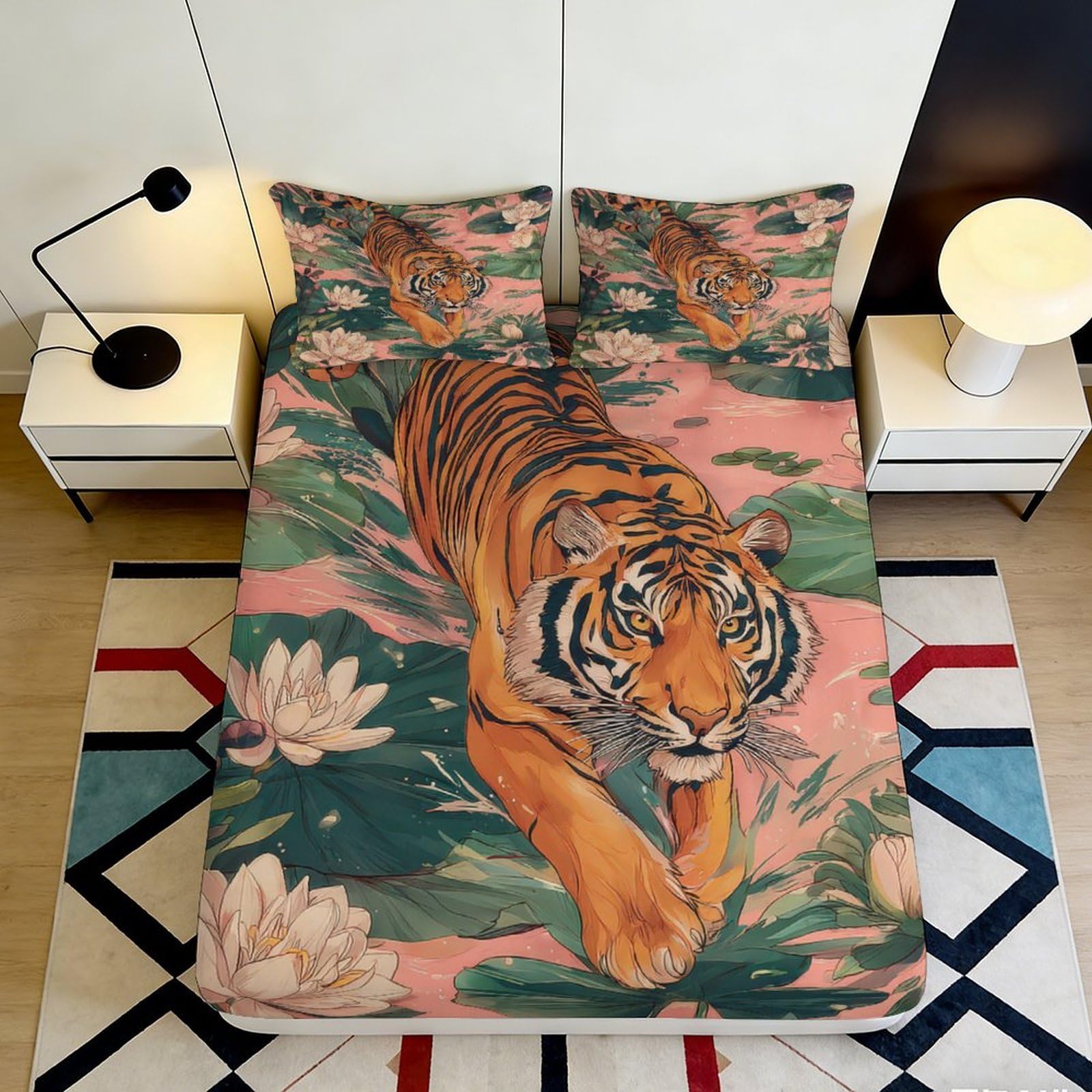 Jqzkxnhpbr Style-1 3D Printed Tiger Jungle Fitted Sheet Microfiber Soft Anti-Slip Lotus Bed Cover For Bedroom Guest Room Decor 90X200x25cm
