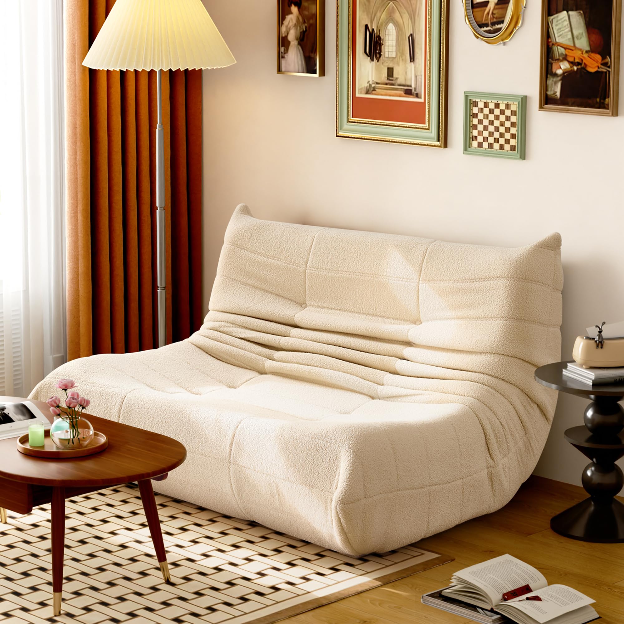 okwish Beanbag-Sofa, riesiges Doppelsofa, aus Teddy-Fleece-Material, übergroßes Lazy Sofa, ideal zum Lesen und Entspannen drinnen und draußen, Beige