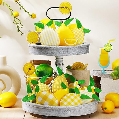 Miniatura 4 de Patelai 12 piezas de decoración de bandeja escalonada de limón, decoración de tela rellena de verano de 5 pulgadas, decoración de cocina rústica