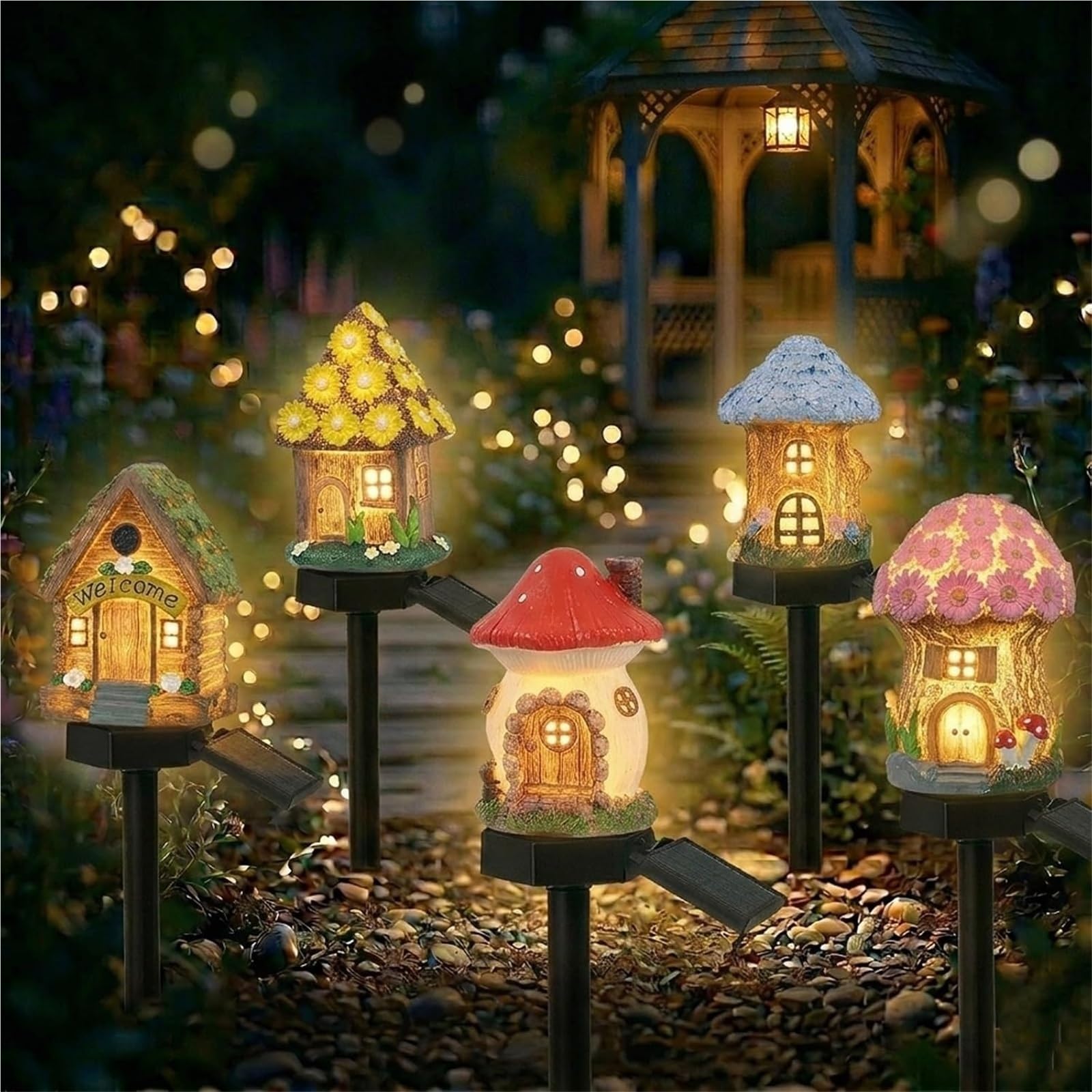 CAIFUGUIHE Solar Fairy-Tale Mushroom Cottage Garden Light, Resin Mushroom Cottage Figurine, Waterproof LED Mushrooms House Statue Lamp for Gardens, Pathways, Cozy Backyard, Lawn Decor