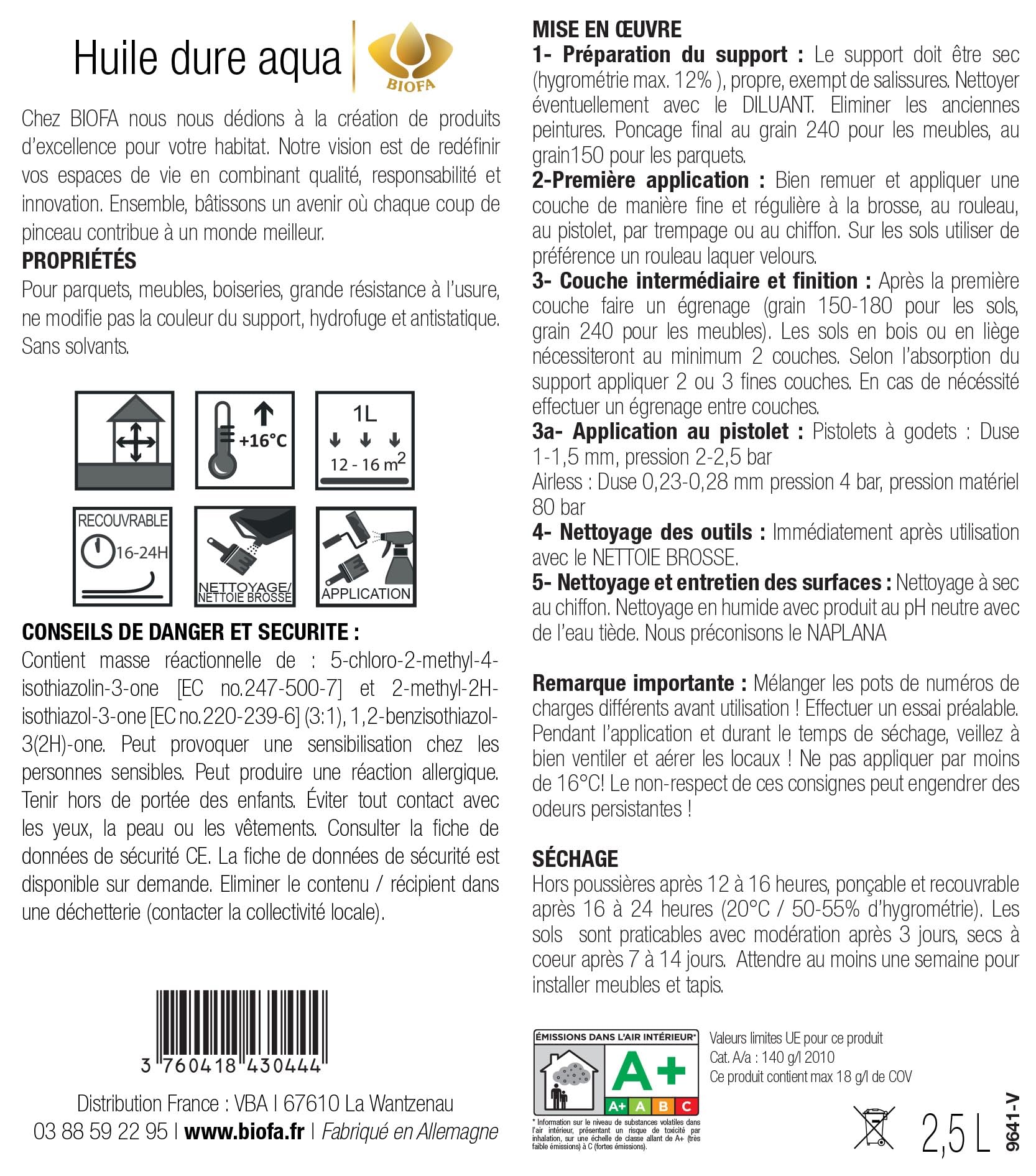 Biofa - Huile dure aqua 2,5L - Protection des bois (meubles, sols, ...) incolore - Faible teneur en COV