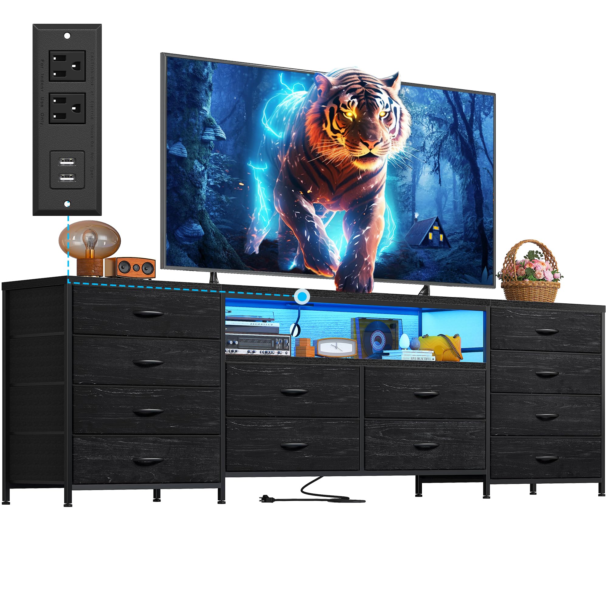 EnHomee Fits 65,70 inch Tv Stand, 63" W Dresser Tv Stand with LED Lights & Power Outlets, Entertainment Center with 12 Long Dresser for Bedroom, Hallway, Black