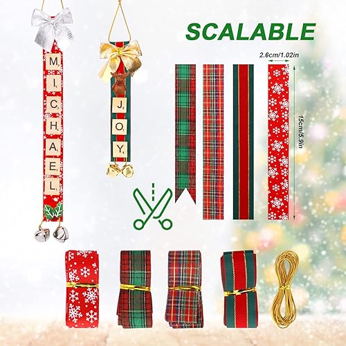 Miniatura 2 de Juego de adornos personalizados para árbol de Navidad, madera, cinta, azulejos de letras de Scrabble, campanas, decoraciones de Navidad colgantes