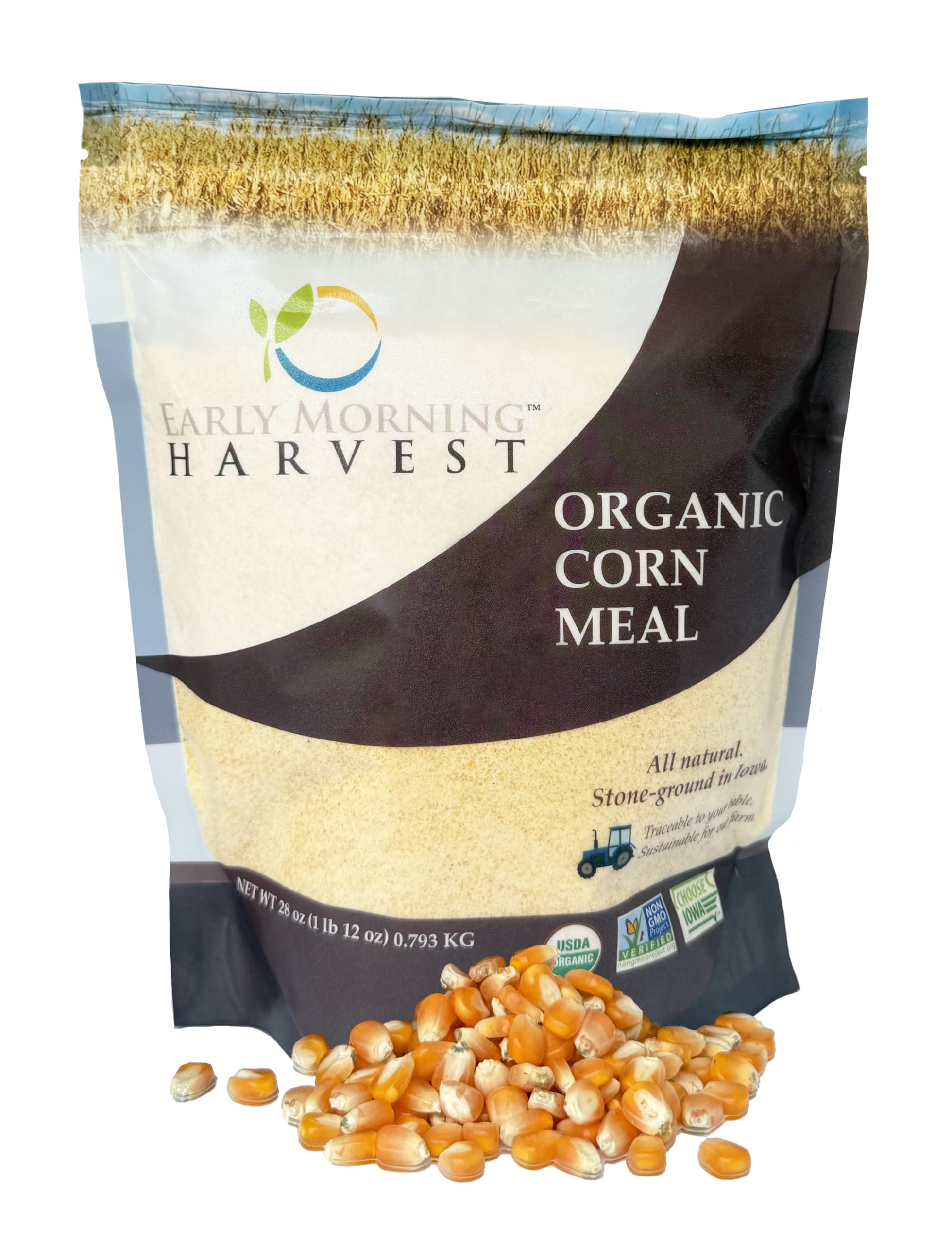 Early Morning Harvest Organic Corn Meal – Made from Non-GMO Yellow Corn – Stone Ground Corn Meal for Baking and Cooking, USA-Grown, Whole Grain, Certified Organic GMO Free (4, Pounds)