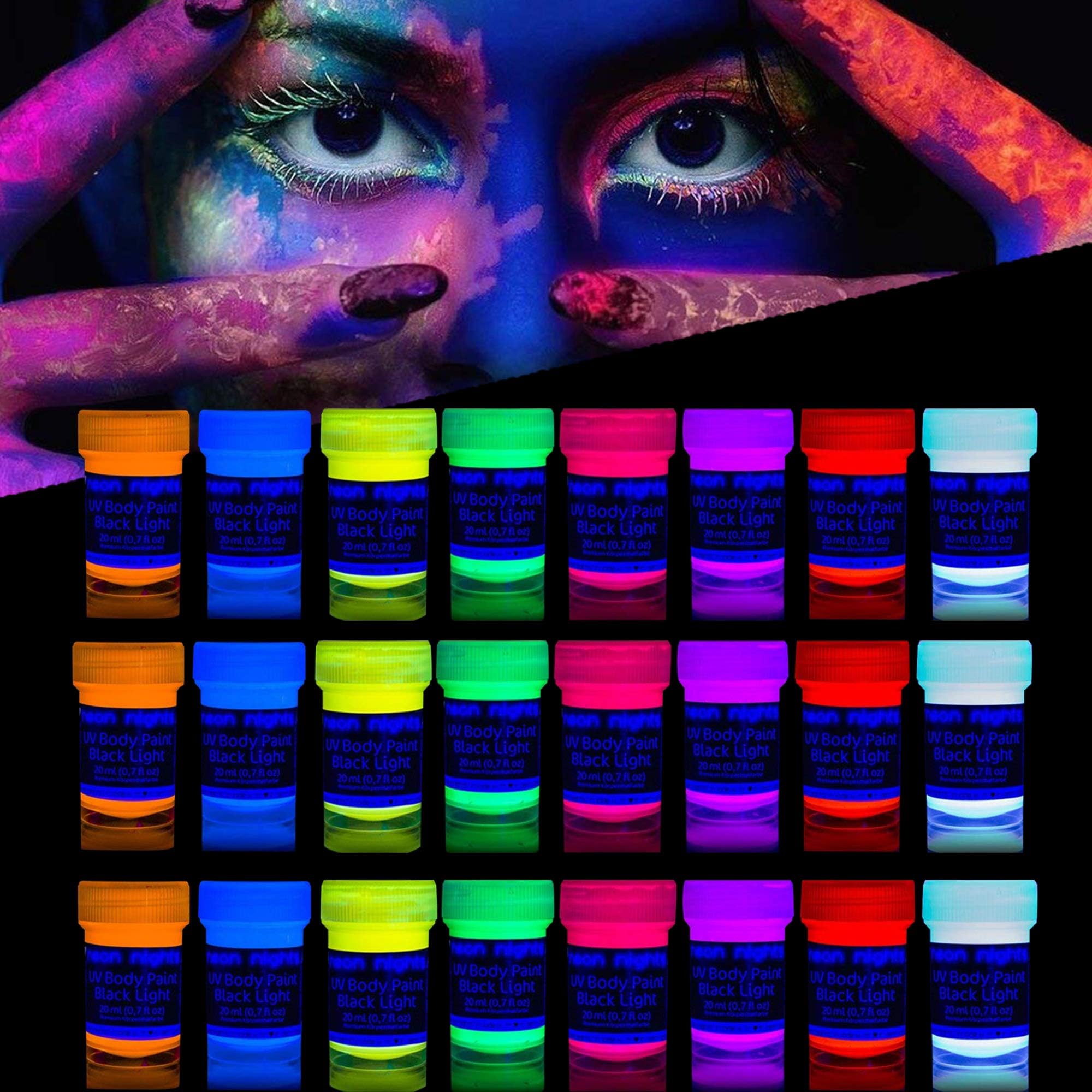 Neon Nights XXL Set - 24 Cans of Neon Body Paints - 24 x 20 ml Luminescent Body Paints for Blacklights, UV Lights