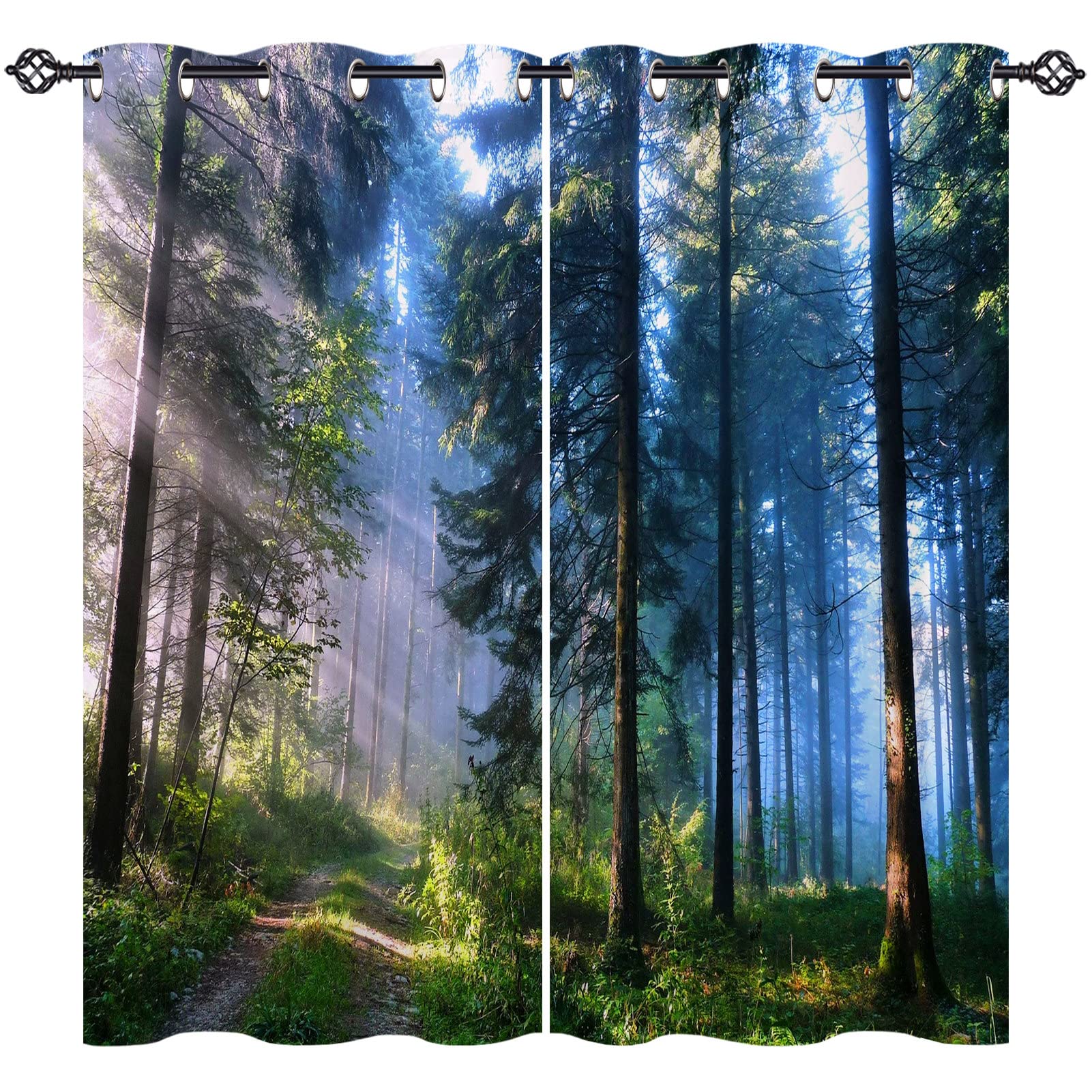 ANHOPE Forest Curtains Eyelet 80% Blackout Curtains with Nature Jungle Woodland Tree Print Pattern Thermal Soundproof Privacy Decorative Window Drapes for Bedroom Living Room 55 x 63 Inch 2 Panels