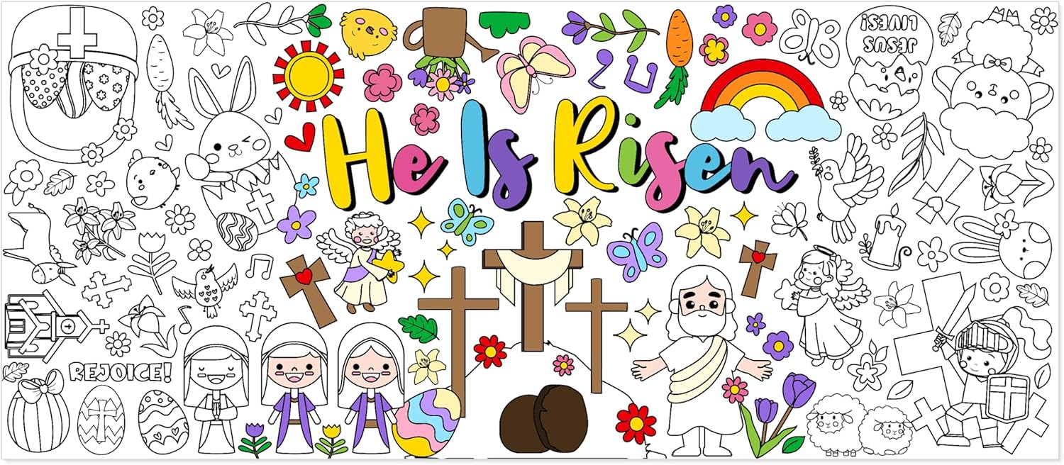 Easter He is Risen Giant Coloring Poster for Kids Huge Religious Theme Blank Paper Banner Large Coloring Table Cover for Classroom Home Party DIY Art Craft Activity Supplies Favor 55 x 23.6 in