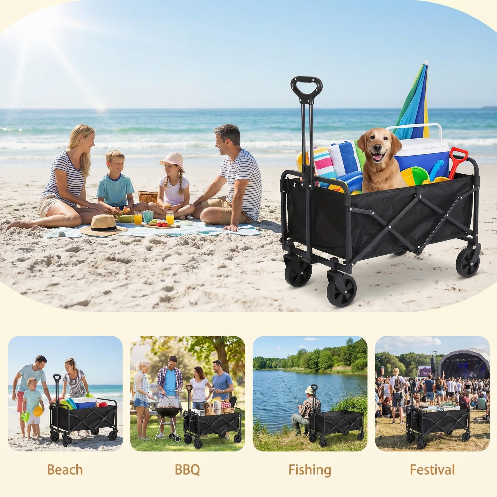 Carrello pieghevole da 100L, con ruote silenziose, 150 kg, per giardino, campeggio, shopping e picnic, pieghevole, con ruote stabili