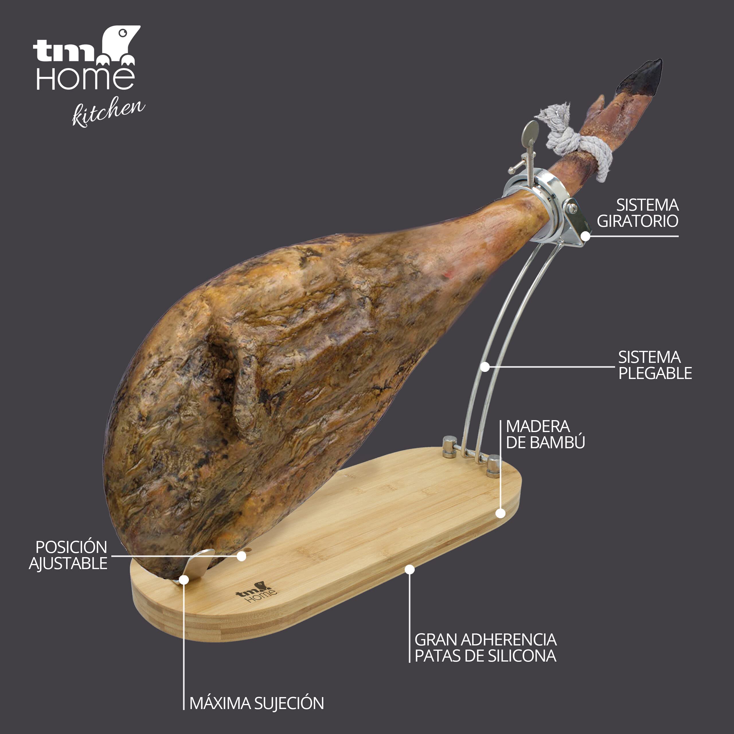 TM Electron HOCU105 Jamonero de Madera de bambú, Tacos de Silicona para una Buena adherencia, Sistema de Plegado, con Cabezal Giratorio Ajustable Ideal para Todo Tipo de paletillas y jamones