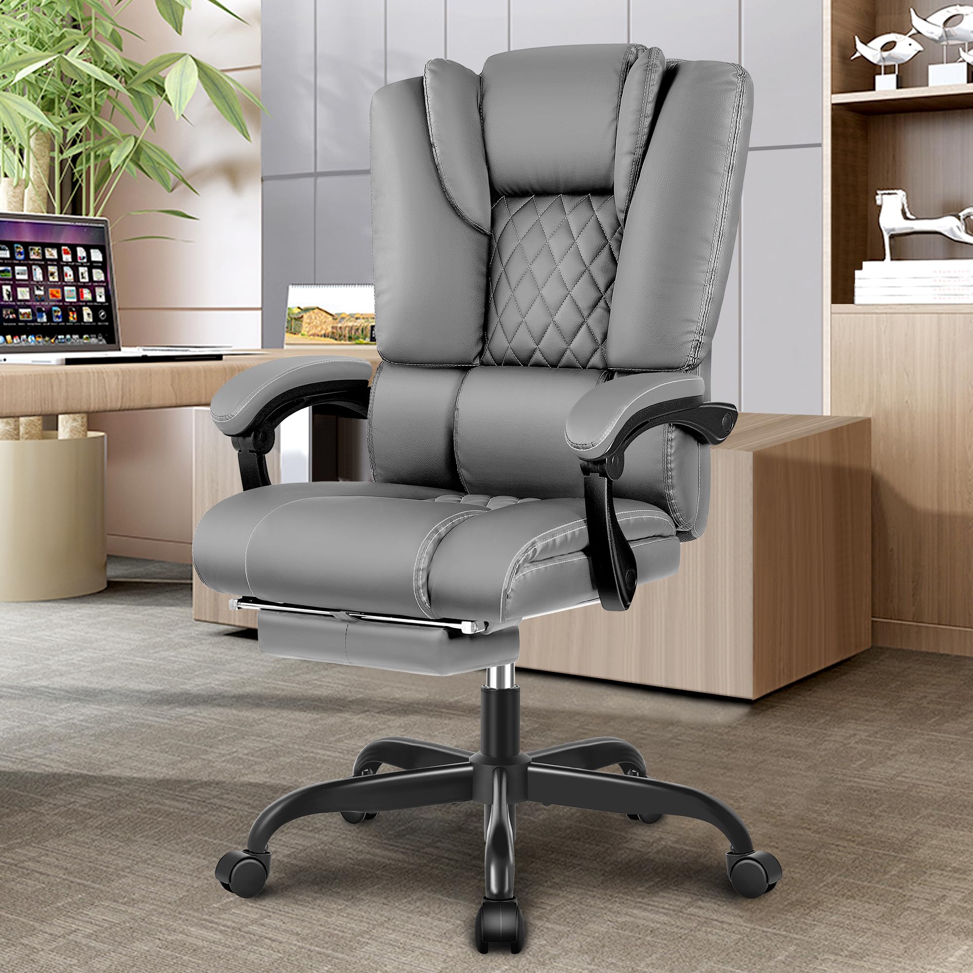 Guessky Silla de oficina, silla ejecutiva ergonómica, reposabrazos acoplados, asiento con reposapiés, soporte lumbar, altura regulable, sillón reclinable (gris) (SDA005)