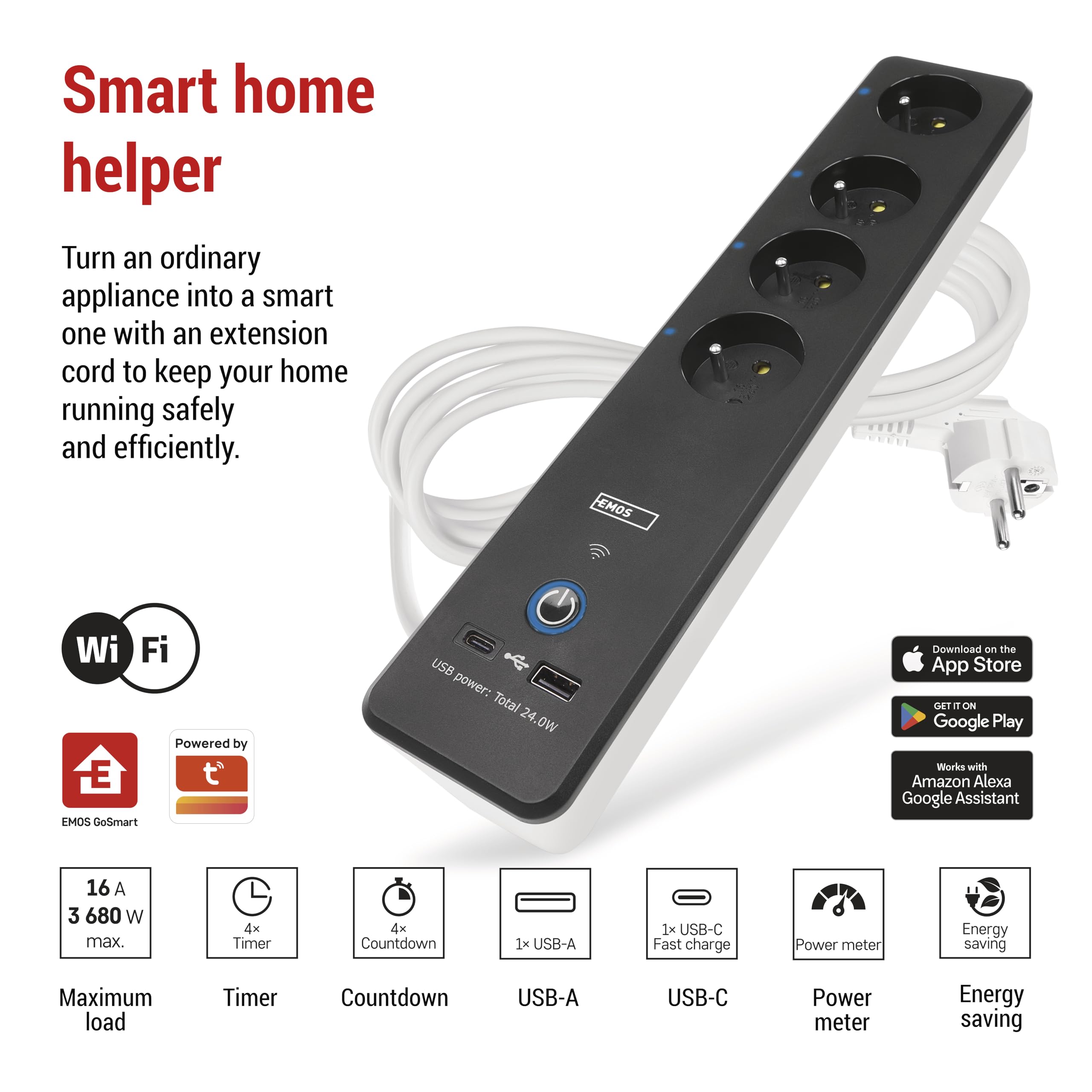 EMOS GoSmart - Bloc multiprise 4 Prises avec WiFi, App, 2 Ports USB-C/USB-A, wattmètre, minuterie et Interrupteur - 2 m - Compatible Alexa, Google Assistant - Standard French