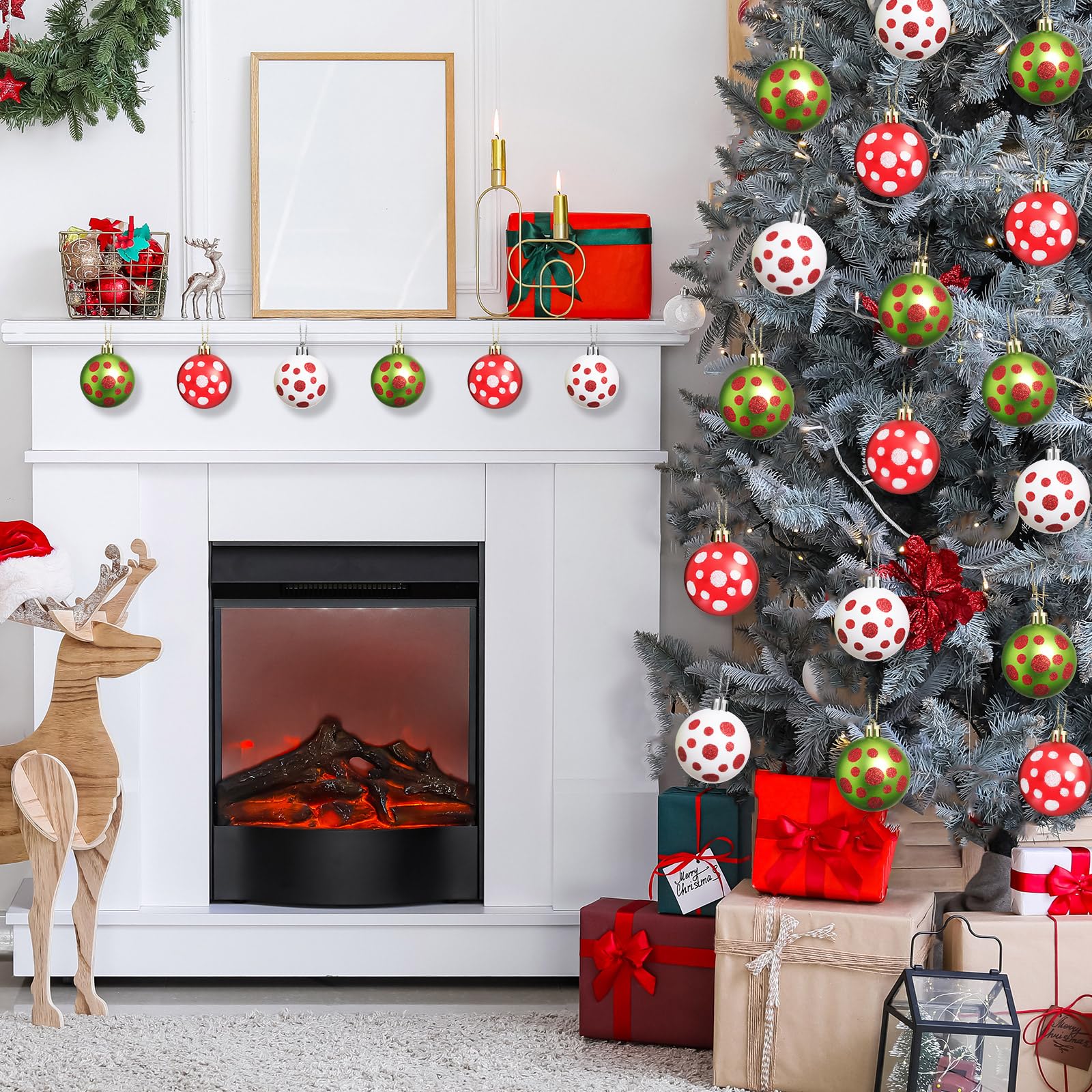 24 esferas de Navidad, adornos rojos y verdes para árbol de Navidad, adornos de 2.36 pulgadas con purpurina de lunares, adornos colgantes para decoración de árbol de Navidad, fiestas de