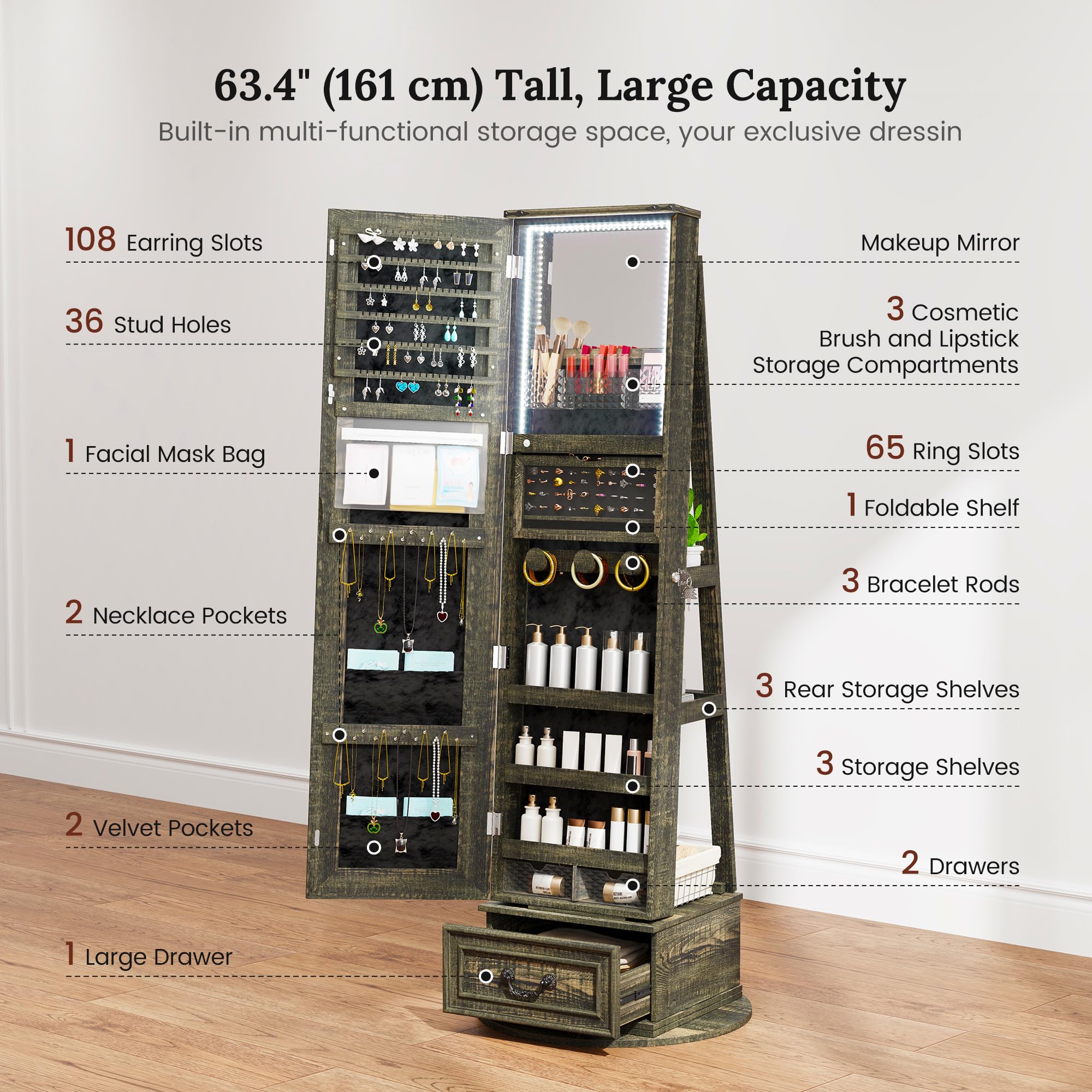 LVSOMT LED Mirror Jewelry Cabinet Standing, 360ยฐSwivel Jewelry Armoire with Full Length Mirror, Mirror with Jewelry Storage and Large Wooden Drawer for Christmas Gifts (): Rustic Grey