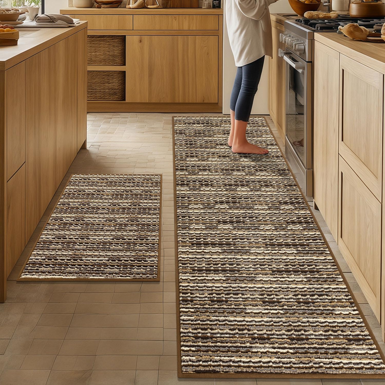 Kitchen Rugs Sets of 2-Non Slip Kitchen Mats for Floor-Thick Stain Resistant Vintage Kitchen Floor Mat Runner Carpet for Hallways Entryway Laundry Room Washable?Brown 24"x70"+24"x35"?
