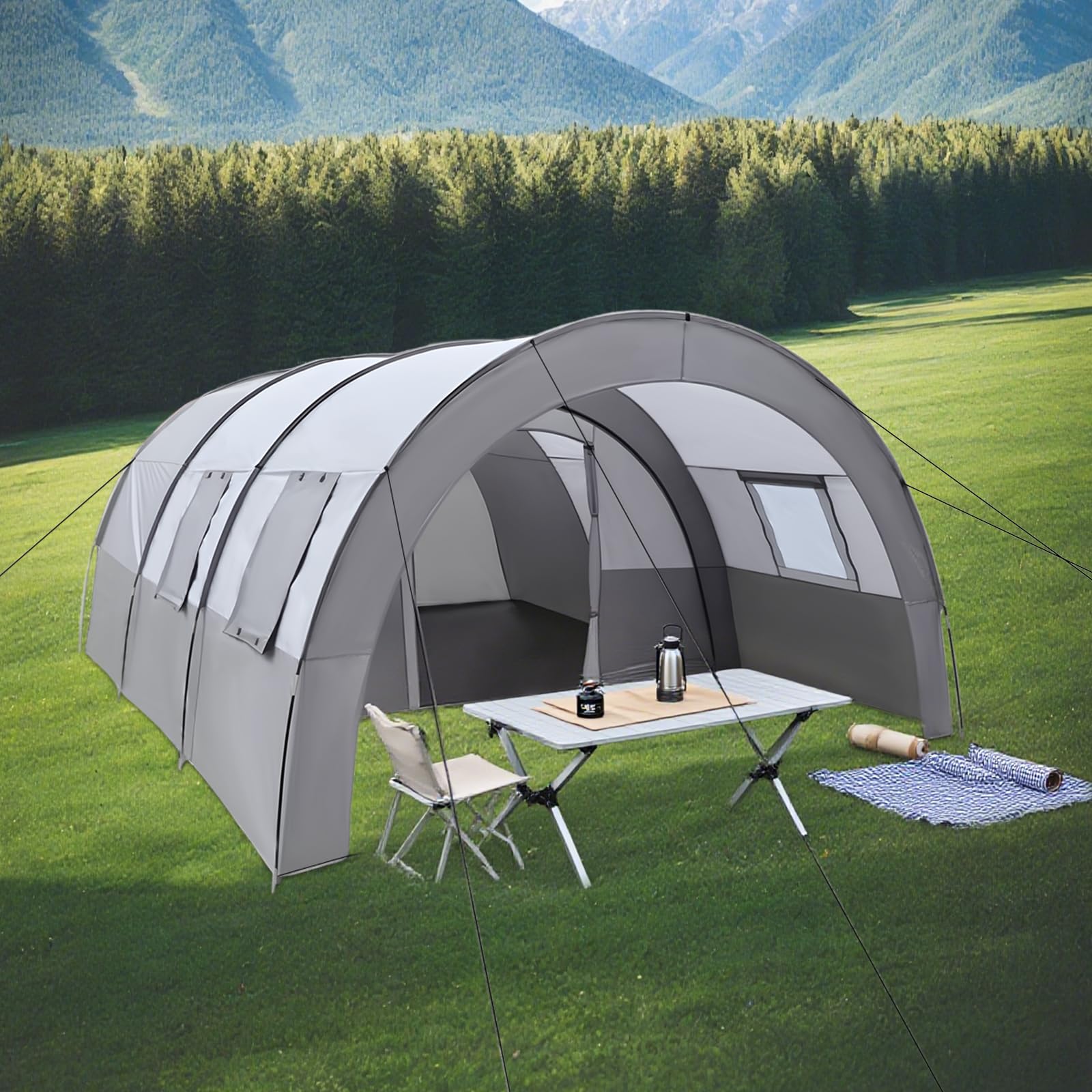 Camping Tunnelzelt, 6 Personen Tragbar Familienzelt, Gruppenzelt, Campingzelt mit Tragetasche, Wasserdicht & UV Schutz