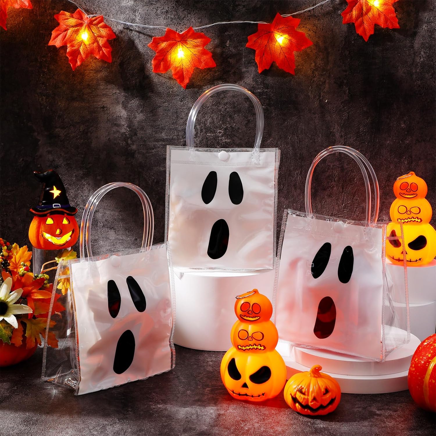 Kolldenn 24 Pcs Halloween Clear Plastic Gift Bags with Handle Trick or Treat PVC Pumpkin Goodie Candy Bags Reusable Tote Bag for Party Favor Gifts Supplies(Ghost,9.84x 9.84x 3.54 Inch) - Image 2