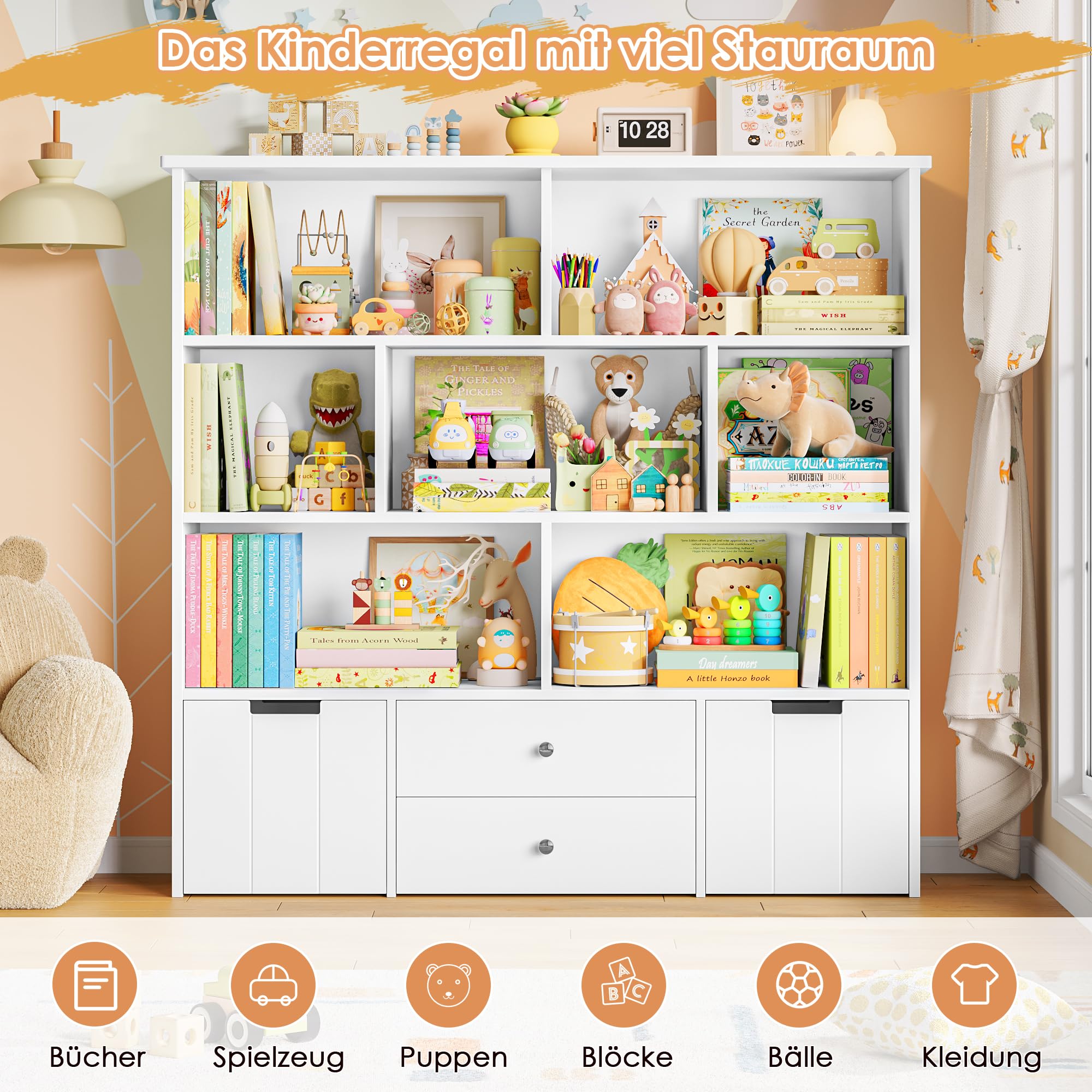 FOREHILL Kinderregal mit 4 Schubladen, Kinderzimmer Möbel, Bücherregal | Kinderregal mit Boxen auf Rollen, Regal Kinderzimmer, Spielzeug Aufbewahrung für Kindergarten, Leseecke 125x33x120cm