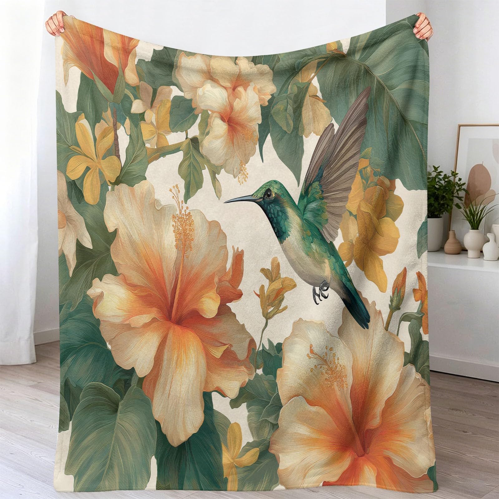 Akwarela kwiatowy koc polarowy 200 x 200 cm, miękki koc ciepło wygodny flanelowy nadruk tropikalne liście kolibra dla dorosłych i dzieci, koce hipoalergiczny, beżowy