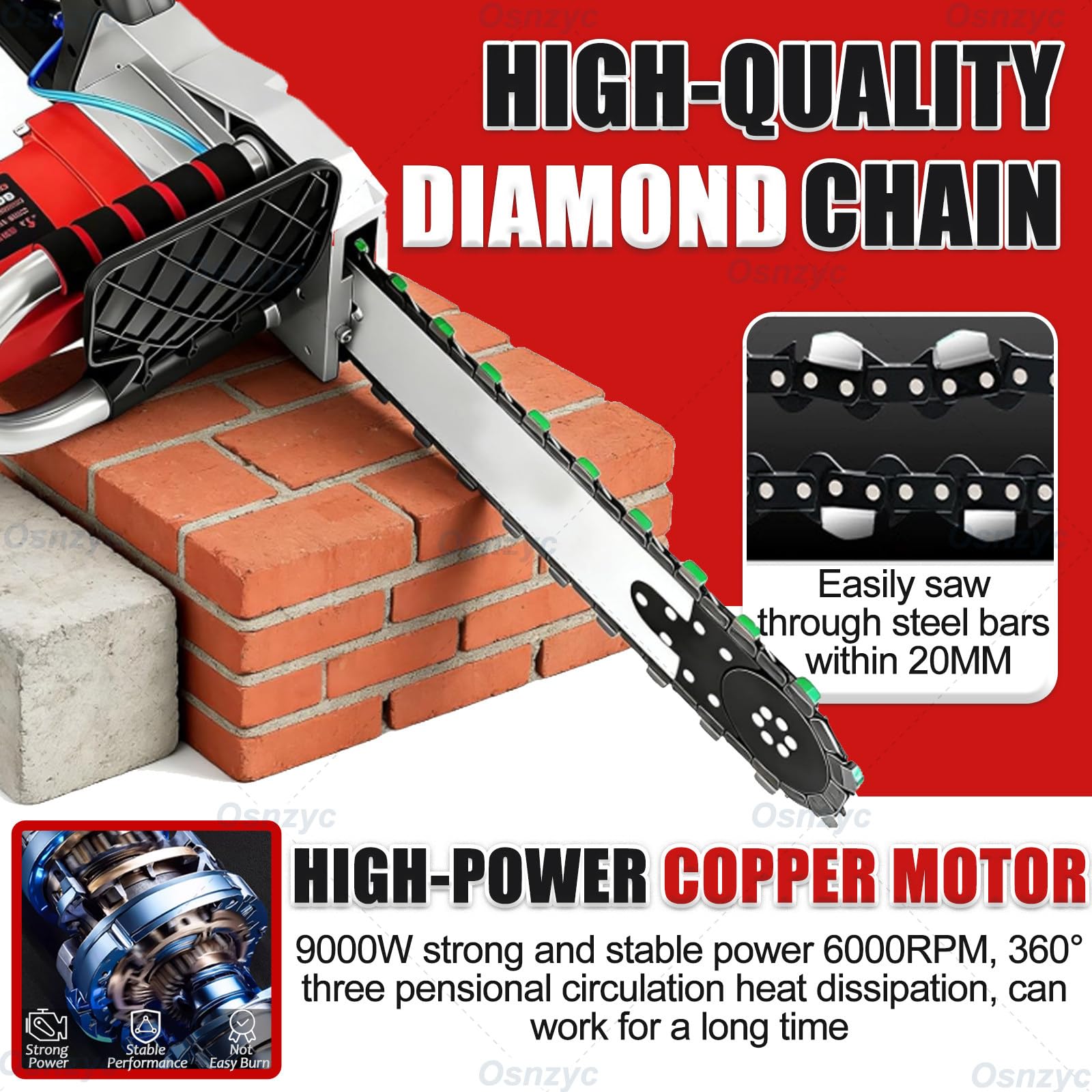 Motosierra eléctrica para muros, Equipo Industrial para Cortar hormigóncon,Ranuradora de muros, 2 Cadenas Diamante y 2 Barras guía para Granito, hormigón y Piedra 48cm