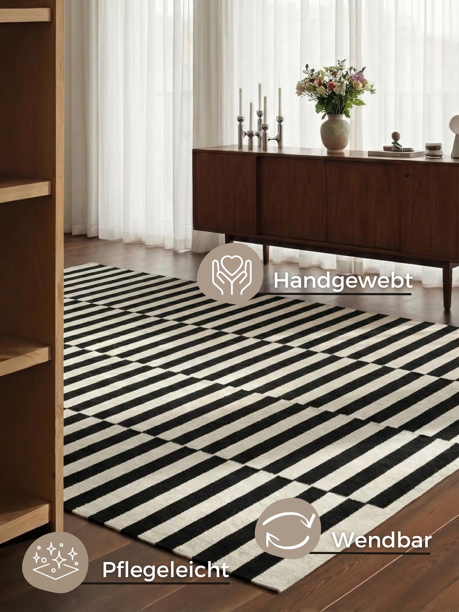 Hanse Home Wollteppich Vika - Natur Wohnzimmerteppich - Handgewebt & Natürlich - Streifen Design Wolle Modern für Wohnzimmer, Schlafzimmer, Esszimmer, Flur - Schwarz Natur Weiß, 200x300cm