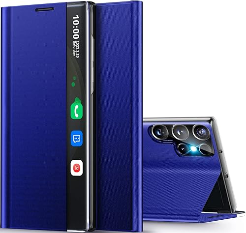 Qissy Funda transparente para Samsung Galaxy S23 Ultra 5G, con ventana inteligente de cuero para Samsung S23 Ultra, funda de lujo con tapa y espejo