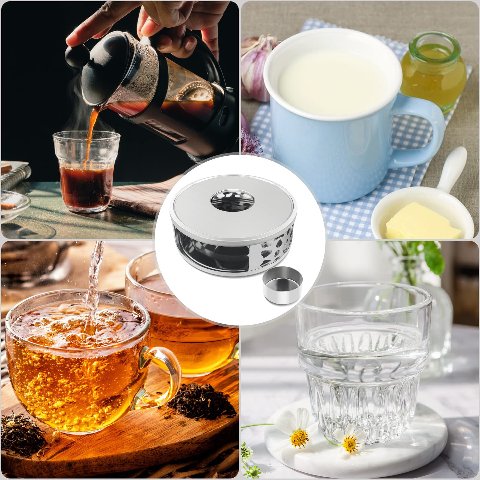 Uootach Calentador de Tetera de Acero Inoxidable con Portavelas, Calentador de Té Calentador de café, Calentador de Base Redonda con candelabro, Ahuecar Aislamiento, Apto para teteras y cafeteras
