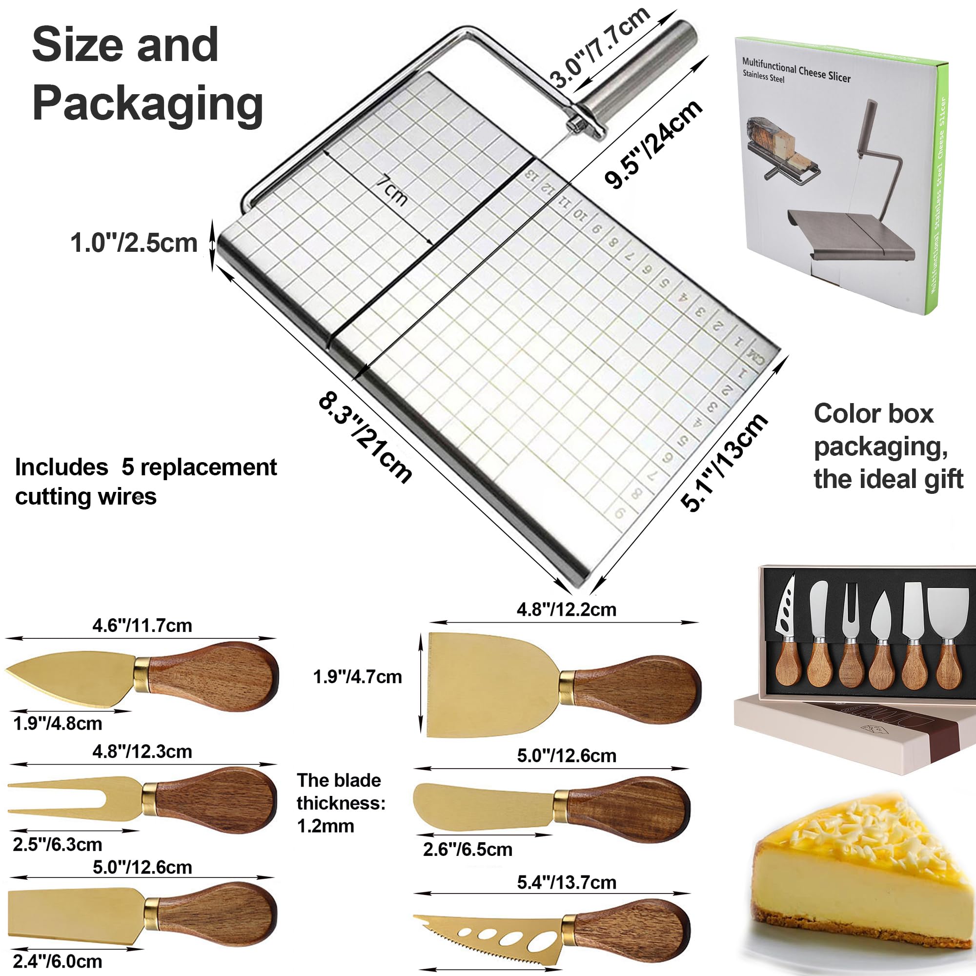 Genérico Tabla de Quesos Premium con Cortador de Queso y 5 Hilos de Repuesto,Set de Cuchillos para Queso de Acacia y Acero Inoxidable,Tabla Charcutería con Caja de Regalo,21.1×13×2.5 cm