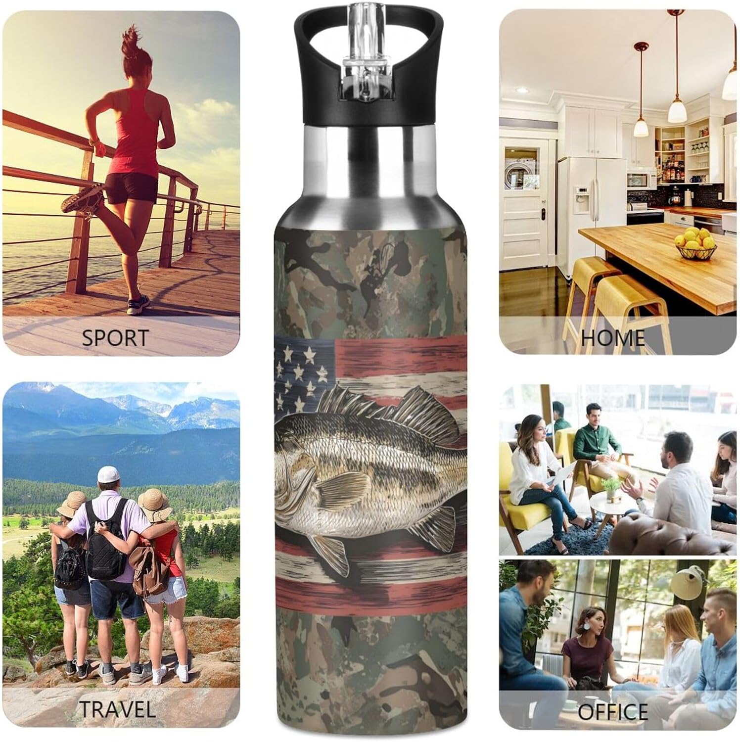 Camo Fish Insulated Sports Water Bottles Stainless Steel Hot Cold Water Flask Leak-Proof with Straw Lid for Sports Gym Running 20 Oz