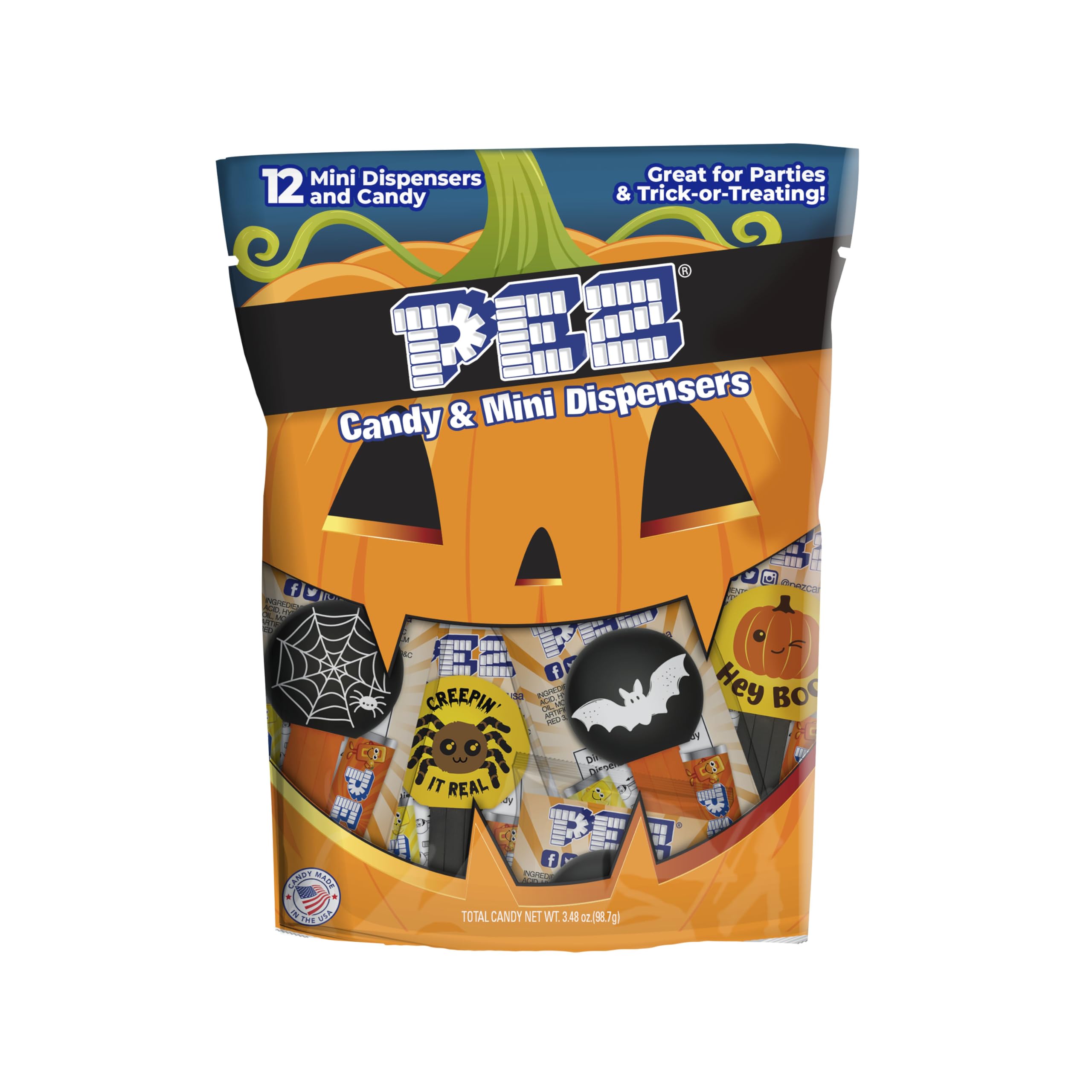 PEZ Candy Mini Halloween Candy Dispensers Trick or Treat Favors, Bag of 12, Orange, 0.32 Ounce (Pack of 1)