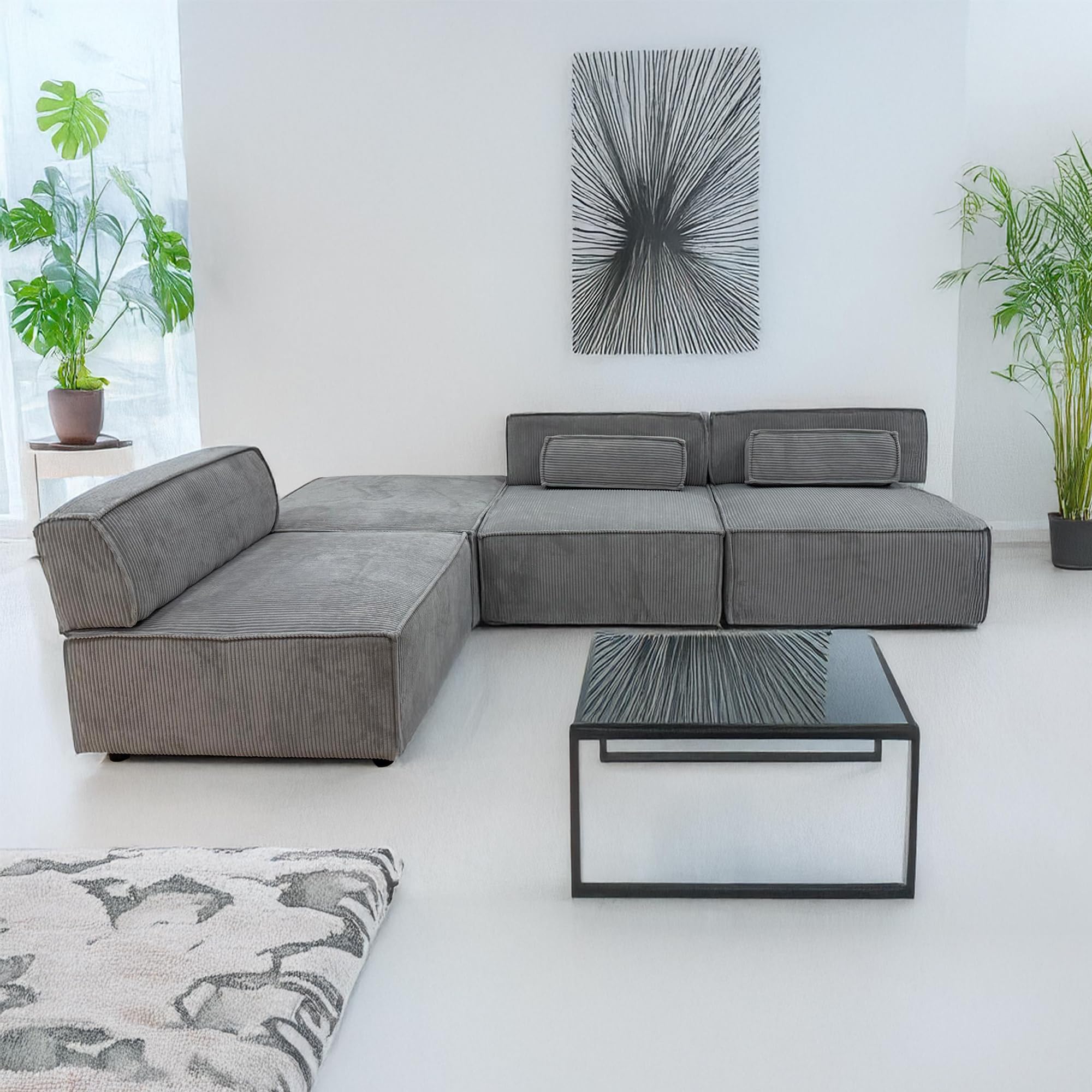 Menzzo Canapé Modulable Benoit 5 Places en Velours Côtelé Gris – Canapé d’Angle Composable 4 Modules Indépendants – Design Moderne Personnalisable pour Salon – L259 x P173,5 x H70 cm