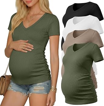 Neer 4 Pack Womens Maternity Shirts, V Neck Cotton Summer Tees Short Sleeve Ribbed Pregnancy Tops Side Ruched Mama Clothes