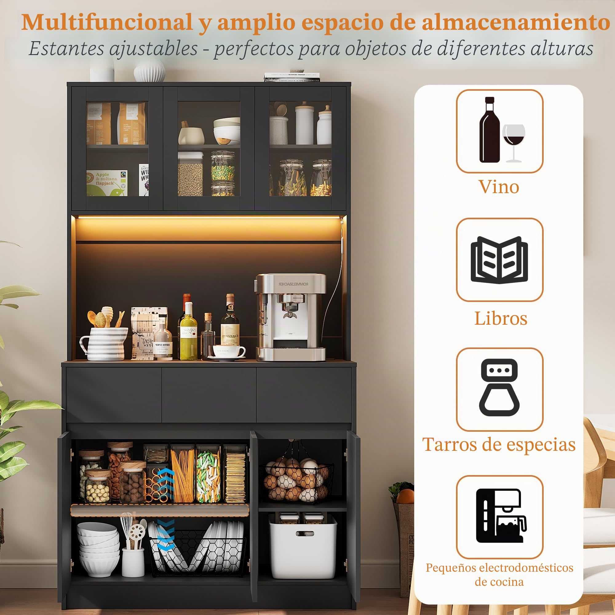 Alacena de Cocina, Armario Despensa Cocina con regleta y Tira de Luces LED, Aparador Comedor con Estantes Regulables (Negro)