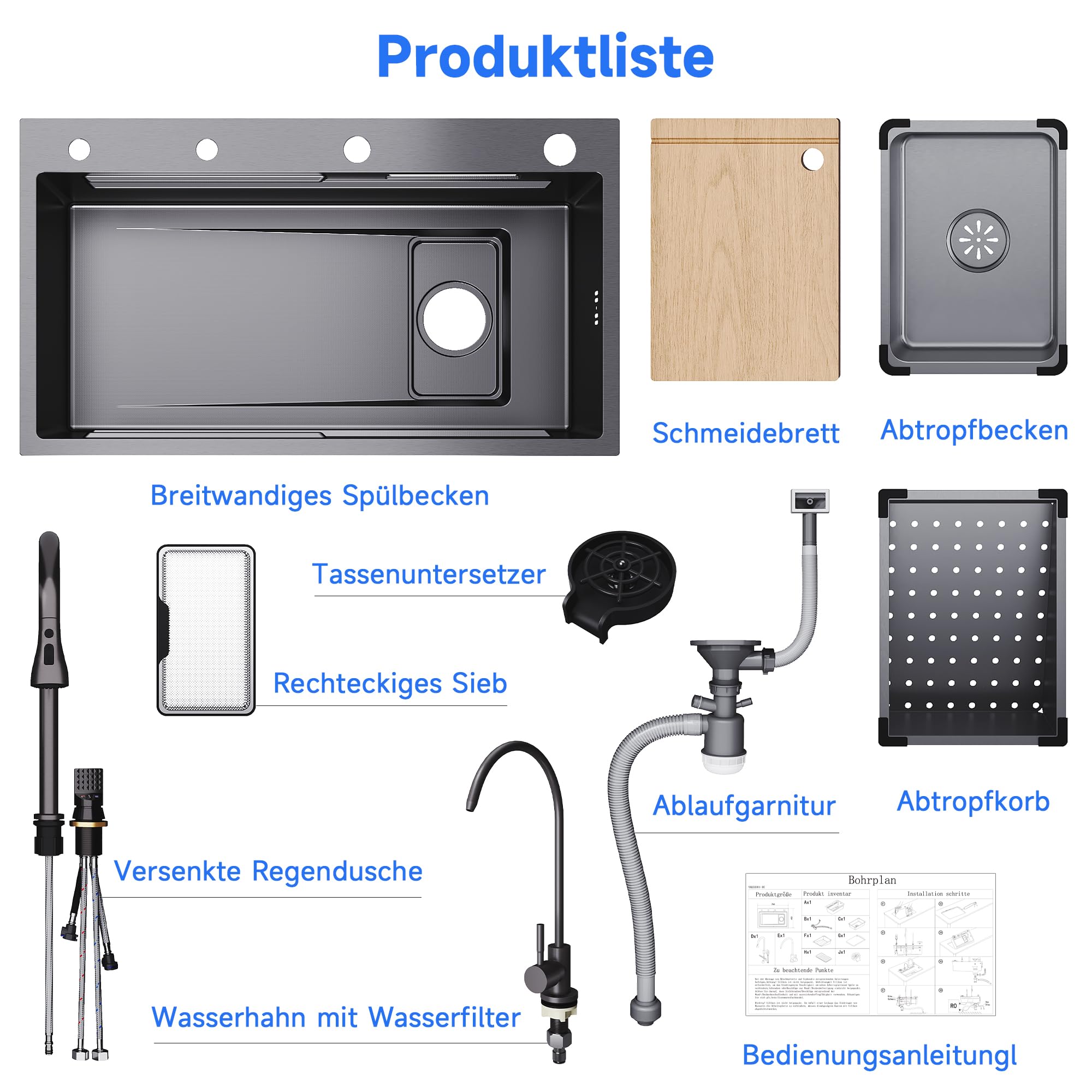 SONNI Spülbecken, Küchenspüle, 80x45cm 304SUS Edelstahl Spüle | Mit Armatur, Abtropfkorb, Abtropfbecken, Schneidebrett, Tassenuntersetzer, Wasserfilterarmatur, Abfallsieb, Ablaufgarnitur
